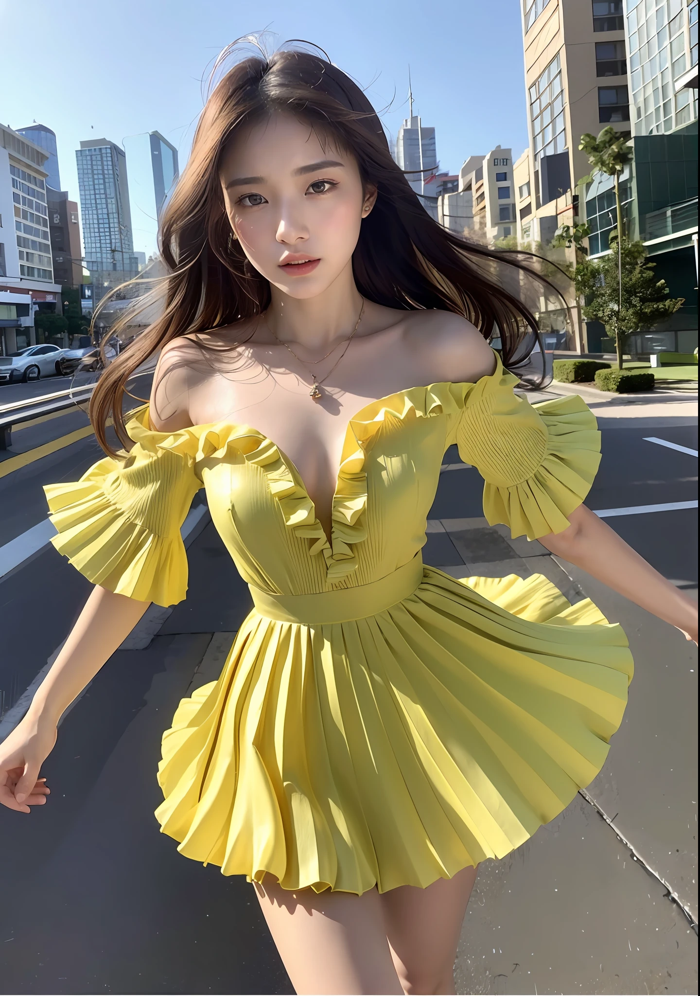 ((top quality, 8k, masterpiece: 1.3)), women (full body portrait, wearing long dresses with light yellow pleats and ruffles), scorching sun, background urban landscape, overhead camera, sharp focus: 1.2, cute women: 1.4, ((brown, long, floating)), very detailed face and skin and hair texture, wind, curling skirt, small necklace on the neck, Bracelet, ring, detailed eyes, double eyelids, white skin, beautiful legs, beautiful delicate nose, cute young Japan woman, 24 years old, with dynamic angles, featuring calm tones and contrasting mixes of light and shadow, while exuding melancholy emotions, while emphasizing the subject's hair, eyes, mouth and action, it is a composition pleasing to the eye and suggestive.