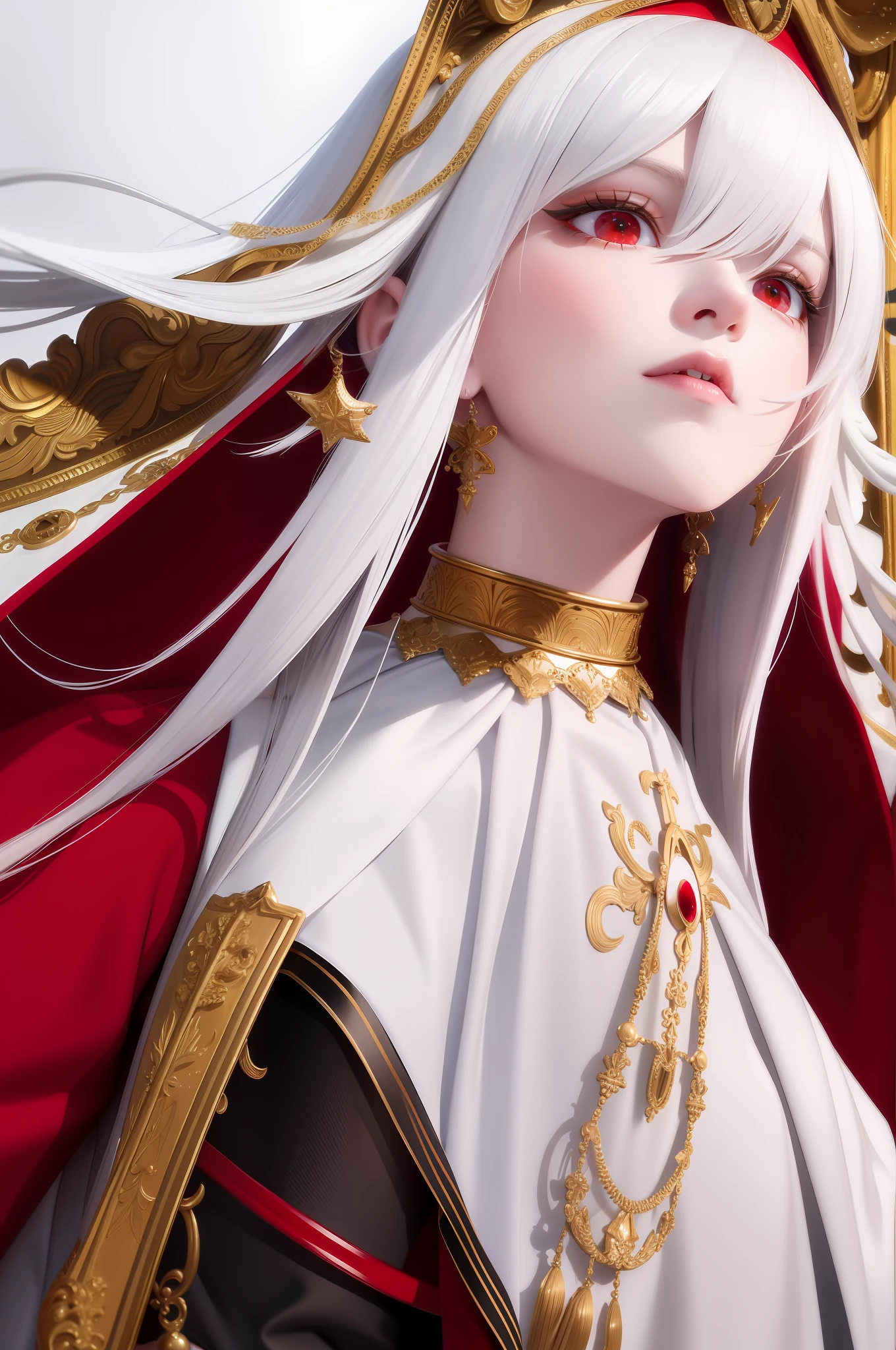 best quality, masterpiece, white hair, red eyes, red capelet, looking up, upper body