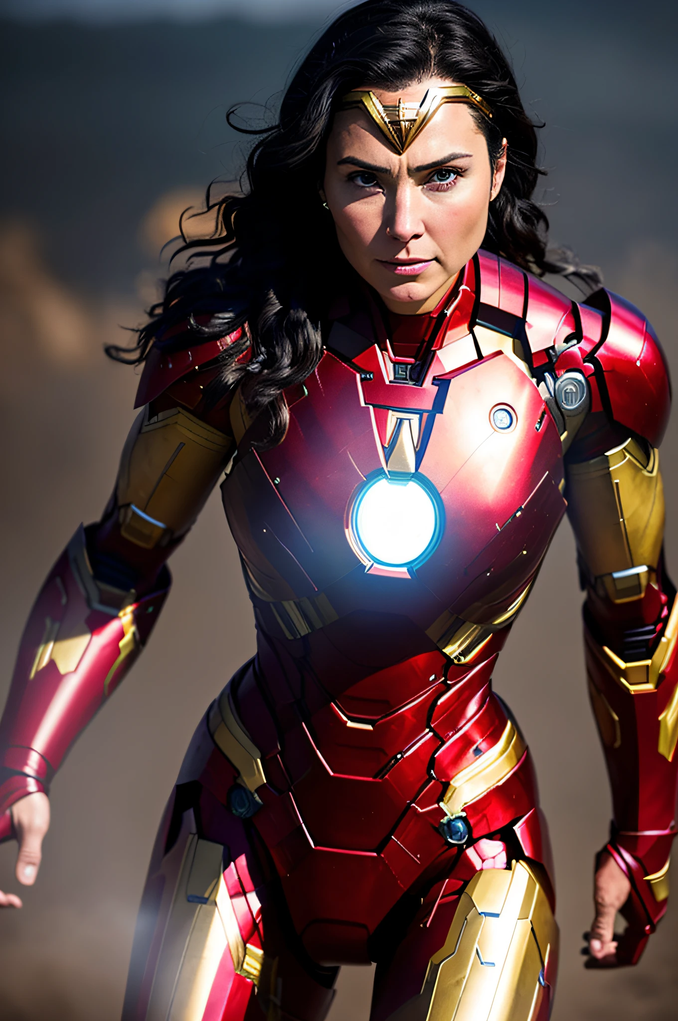 woman 35 years ,straight short black hair, in iron man costume, night, soft lighting, in battle, expressive, dust, movement, dynamic angle, realistic lighting, background of the movie scene Wonder Woman, photo by Brooke DiDonato, (natural skin texture, hyperrealism, soft light, sharp: 1.2), (complex details: 1.12), hdr masterpiece, best quality, (highly detailed photo: 1.1),  8k, photorealistic, (SFW),