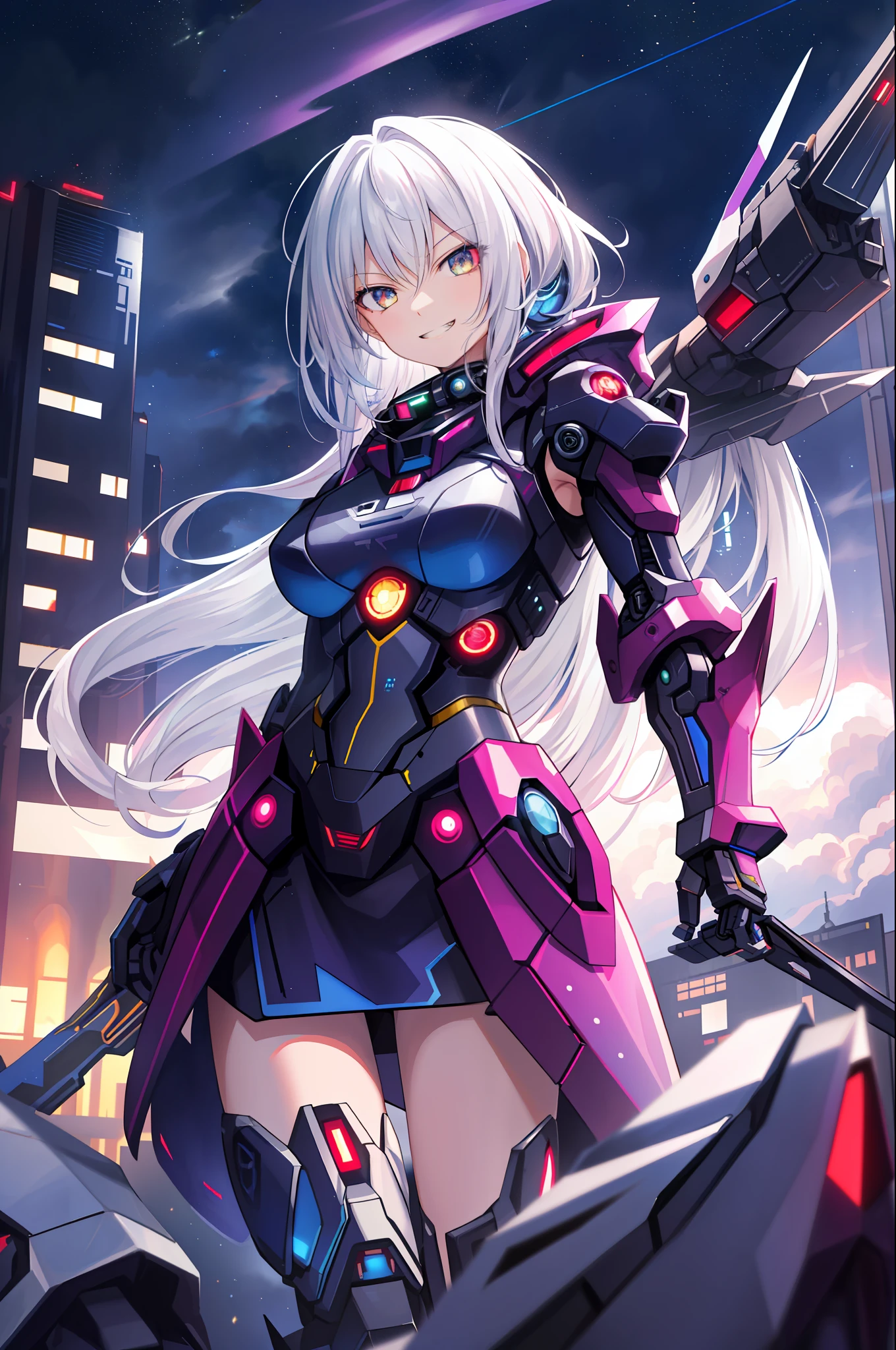 masterpiece, best quality, high quality, (futuristic:1.1), (cyberpunk clothes), cinematic lighting, (beautifully detailed background), beautiful hair details, dramatic lighting,  
1girl, mecha, (evil grin:1.2),  from below, blurry background, depth of field, dynamic pose, white hair, 
 cloud,colorful, starry,stars,