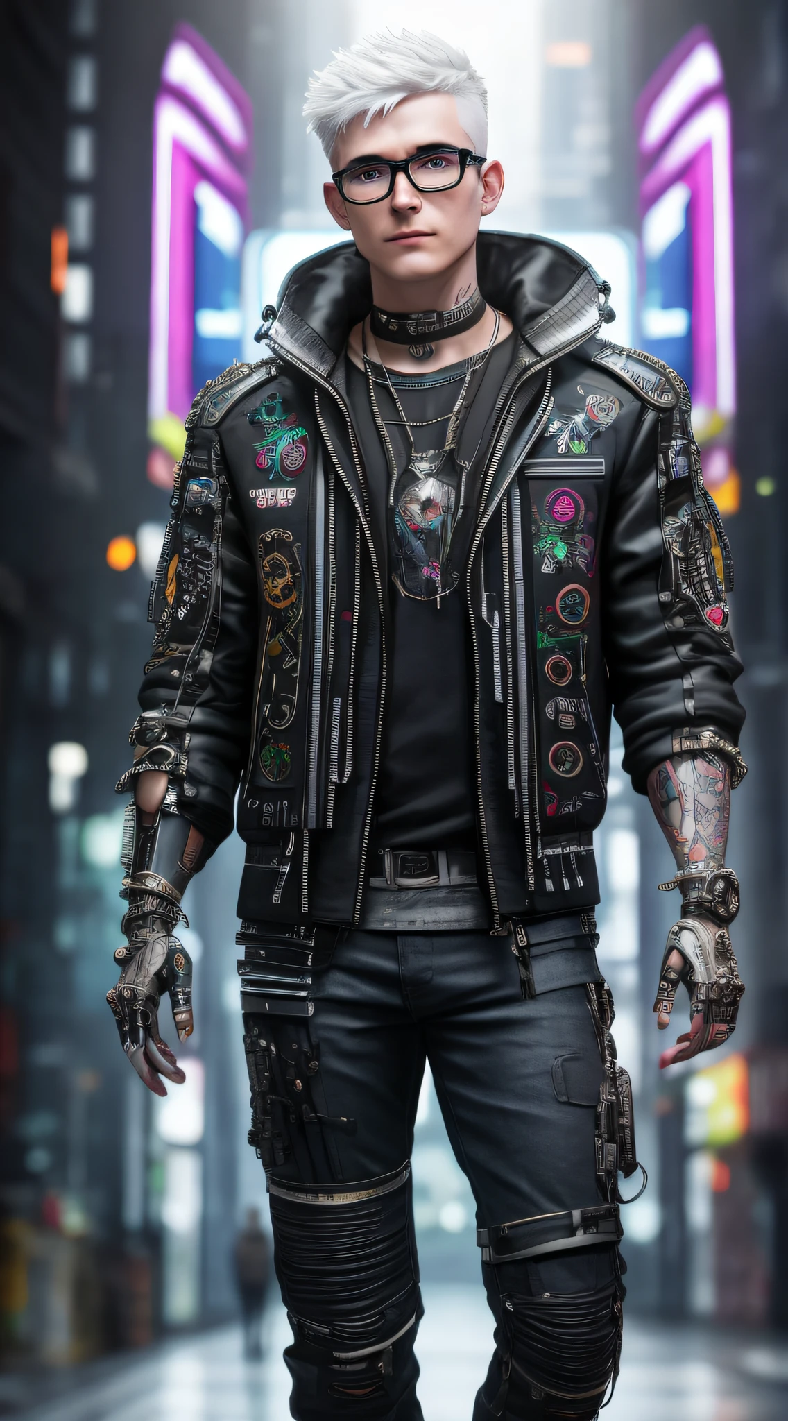 Complex 3d rendering ultra-detailed cyberpunk style, simulating 150mm shot, neon skin lines, colorful details, piercings, Art Nouveau fashion embroidery, intricate details, facial muscles, microchips, surreal, ultra-detailed, octane rendering, robotic arm, mechanical, half-rimmed glasses, short hair, male, man, standing frontal, white jacket, white clothes, cinematic lighting effects,