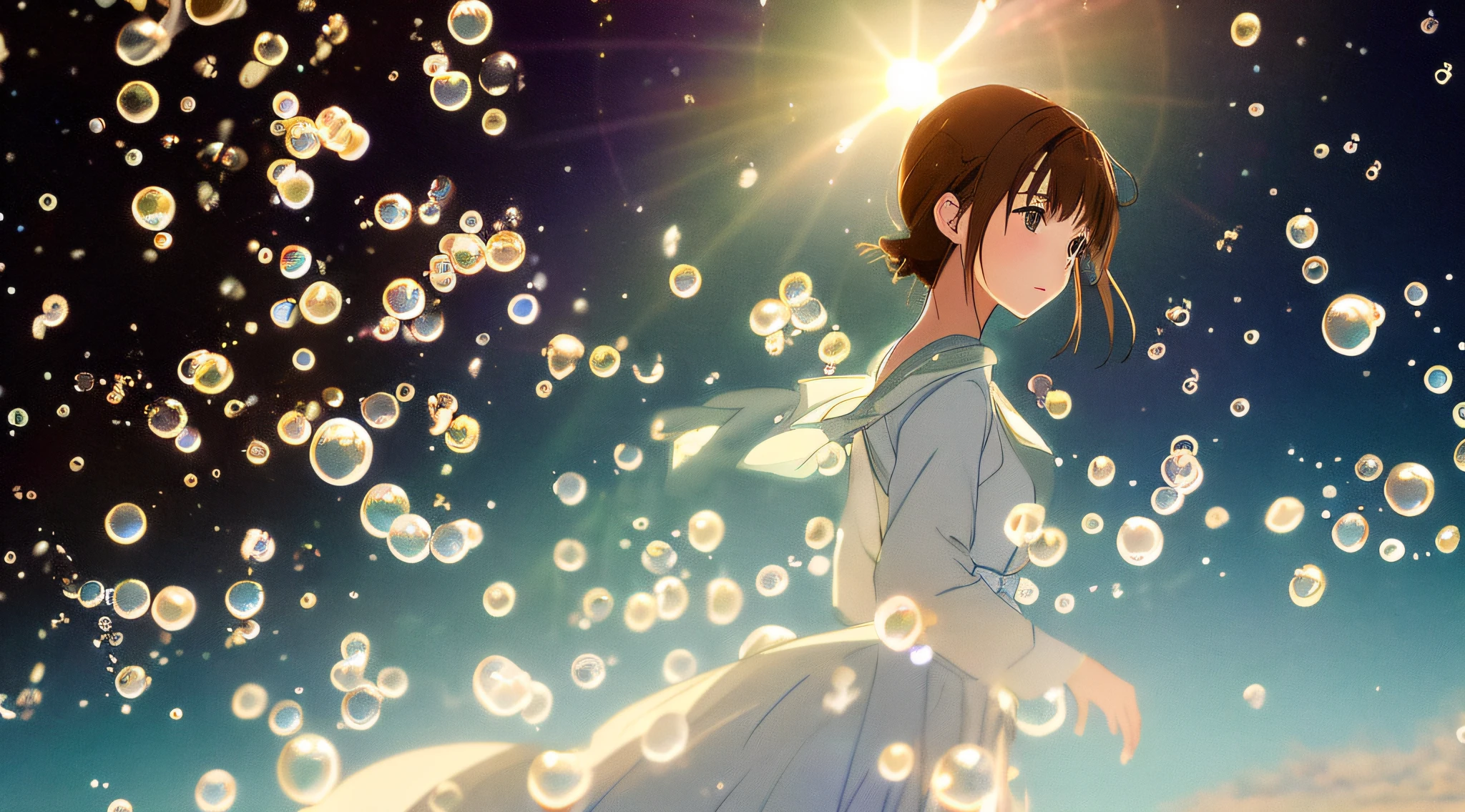 Detailed and precise illustrations in anime style. Very cute young woman, short brown hair, wearing a white shirt. She wears a very long blue skirt. Solo, perfect round gray eyes, slowly sinking into the blue sea, fantastic background full of light, fantastic lighting, many bubbles, Makoto Shinkai anime style