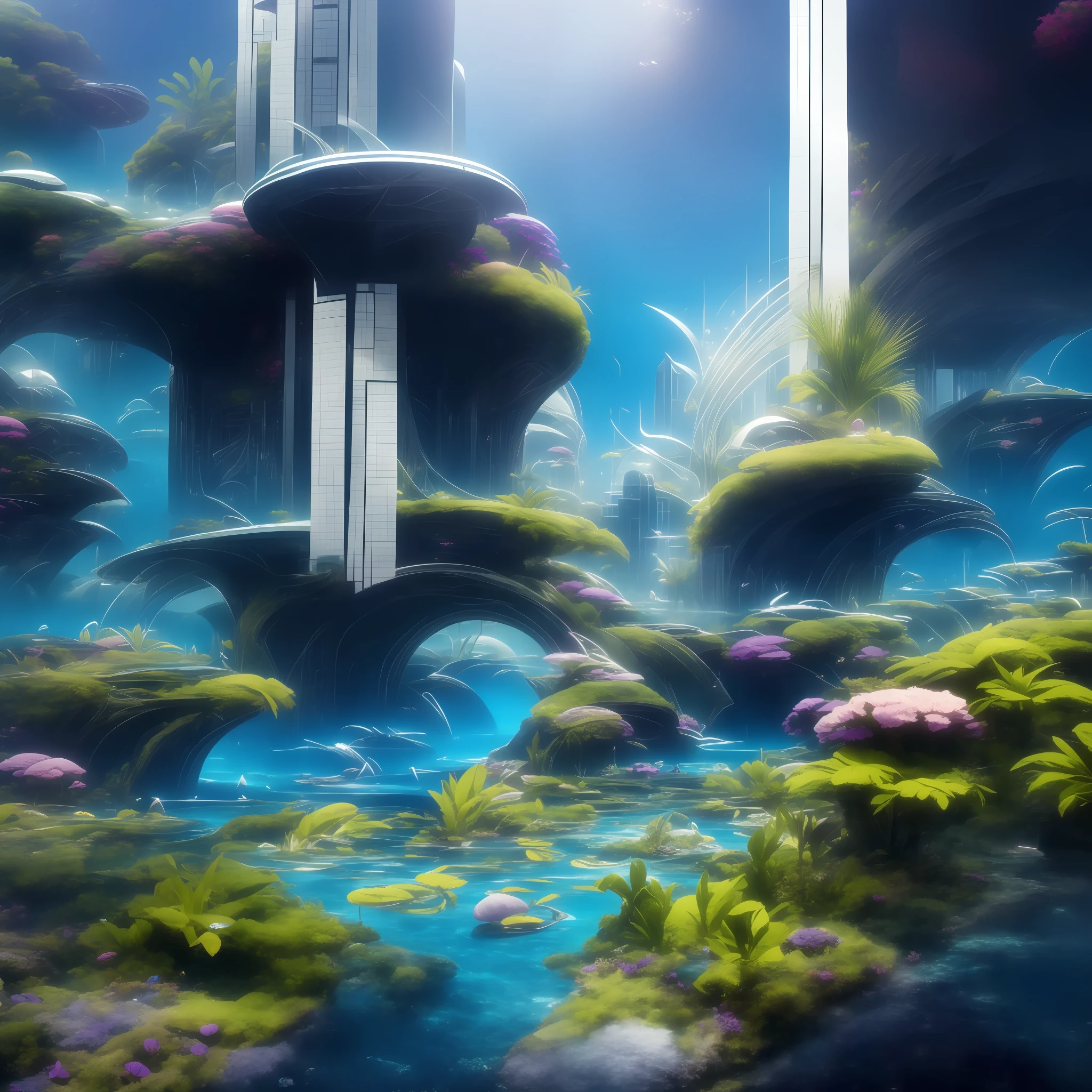 modern futuristic design large underwater city, futuristic underwater cityscape, a artificial waterfall and a pond with colorful flowers in the middle, nature meets underwater architecture, built inside ocean, realistic beehive architecture, organic underwater architecture, very close to real nature, breathtaking render,city with underwater forest , advanced civilization technology,stunning architecture, luxury architecture, realistic fantasy render, by Zha Shibiao, epic and stunning, architectural visualization, epic architecture, concept art. 8 k