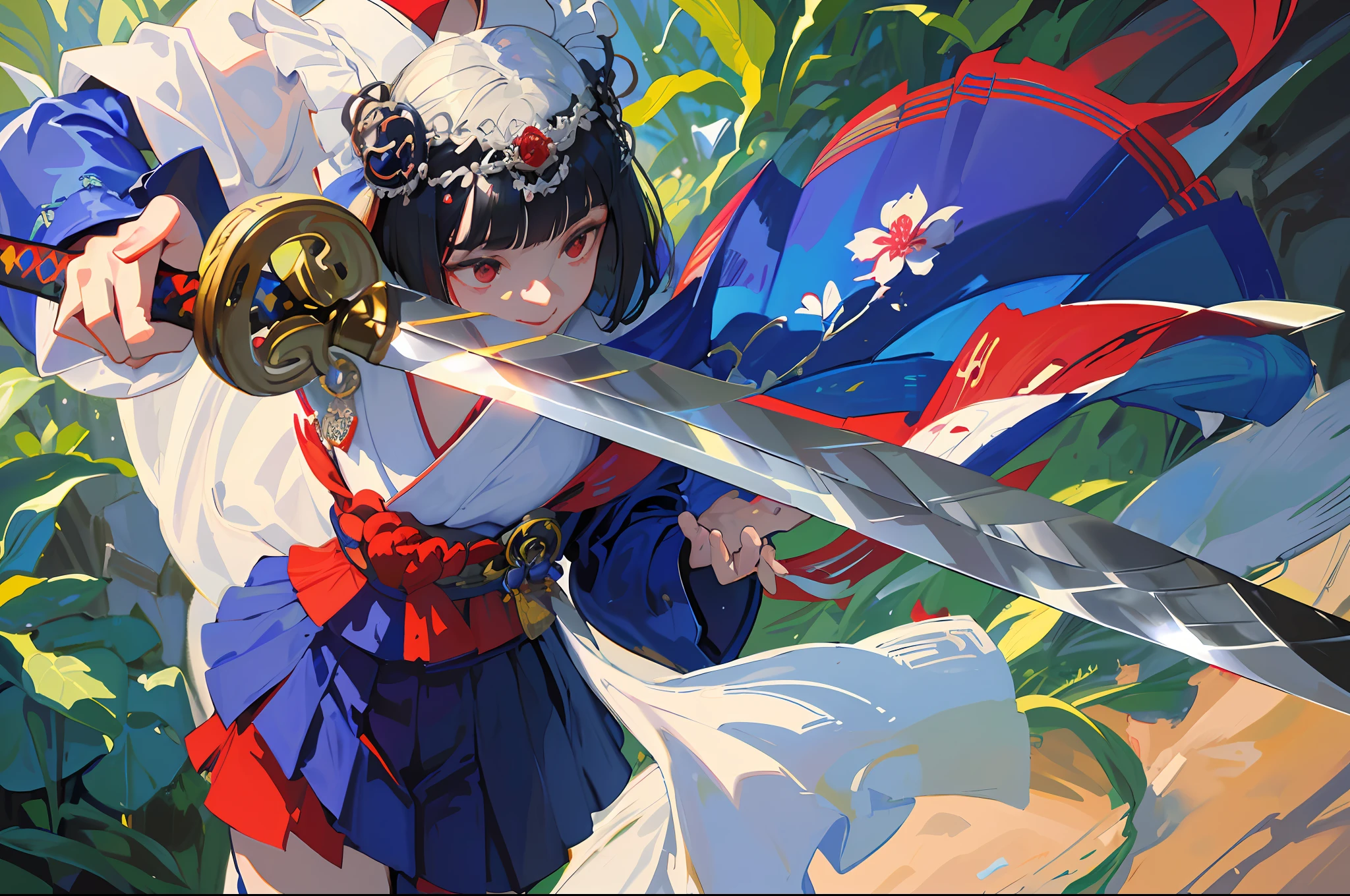 ((masterpiece, super detail, exquisite detail, top quality, illustration), one girl, solo, high quality, watching the viewer, red eyes, black hair, bob cut, floral hair ornament, smile, floral kimono, Japan in the garden, bamboo forest, white gravel garden, shoji door, transparent sunlight, feminine, powerful, traditional, ukiyo-e, oriental aesthetic, elegant, beautiful, attention to detail, bright colors, high contrast, Dynamic lighting, realistic textures, traditional painting style, illustration aesthetics, ((holding a sword in both hands)), Tomoe Gozen,
