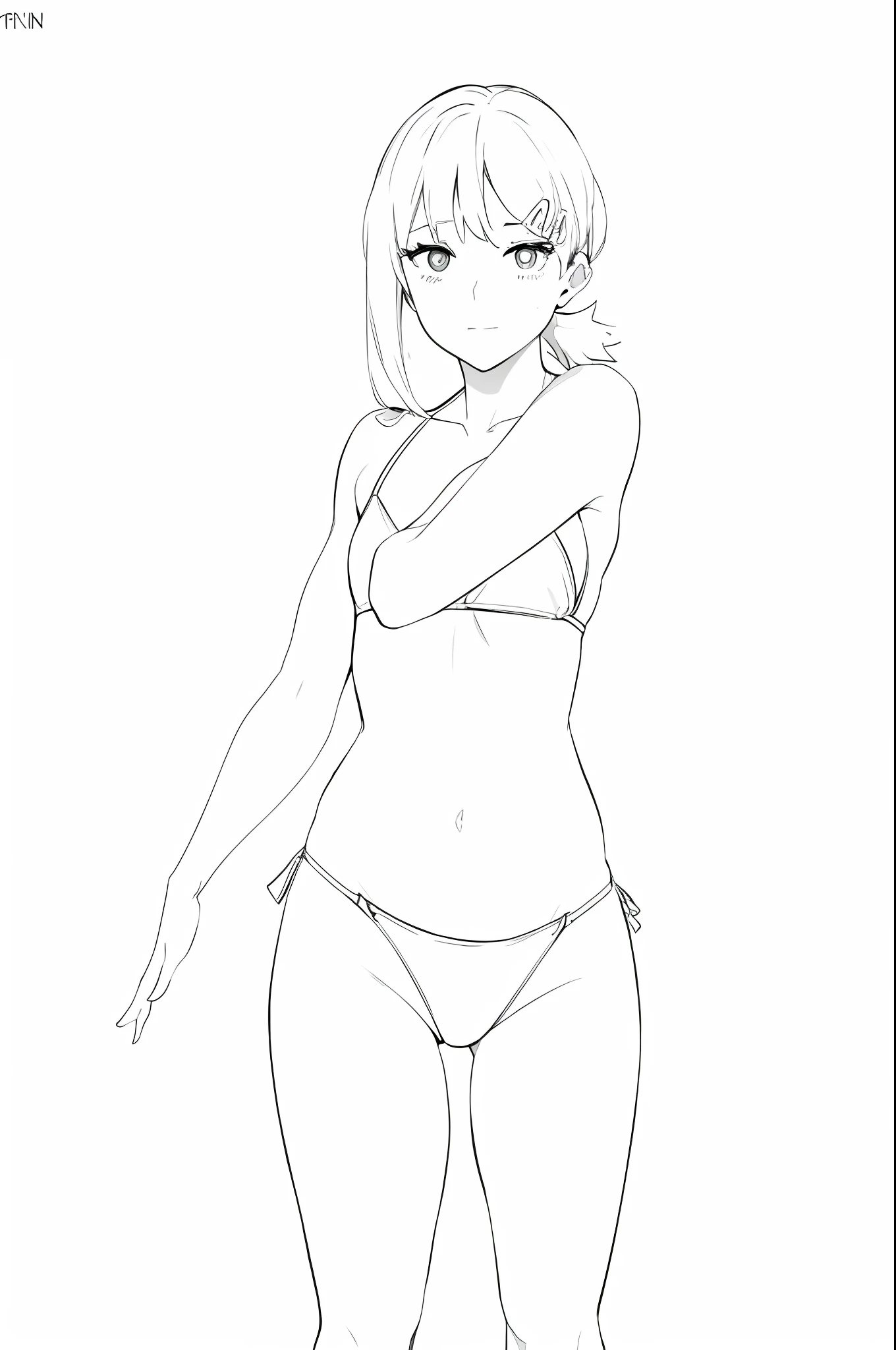 A drawing of a woman in a bikini posing for a picture, clean, schematized anime outlines!!!, kobeni,thick outline, thick lineart, thick black lineart, perfect lineart, simple lineart, thick line art, clean lineart, hands behind her body pose!, outline sketch, line art!!, thick outlines, line sketch!!, lineart, various poses