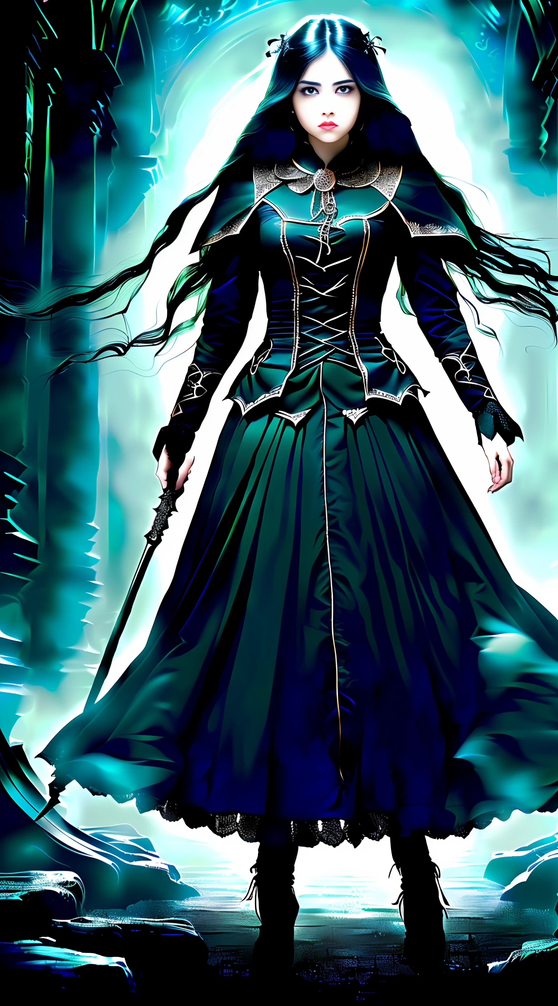 (Very detailed 8k wallpaper), medium shot of a scary necromancer, intricate, highly detailed, dramatic, full body, female, facial delicate, elegant facial features, girly, long hair