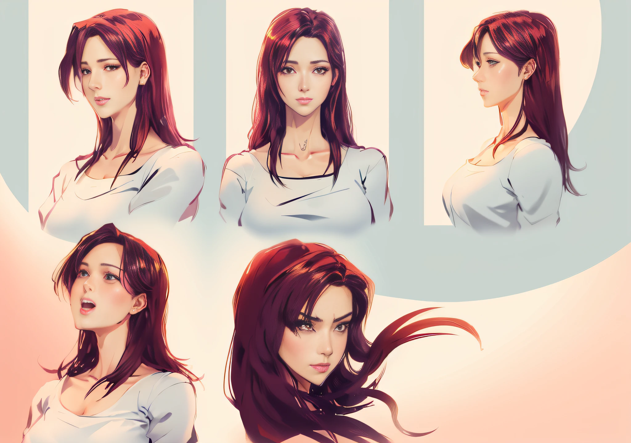 sketches of a woman with long hair and different hairs, various pose, semirealistic anime style, anime style character, character headshot concept art, female anime character, animation portrait concept art, subtle anime style, character face study, flat anime style shading, anime woman headshot profile, anime character portrait, various poses, anime girl portrait profile, concept headshot art, tifa lockhart portrait