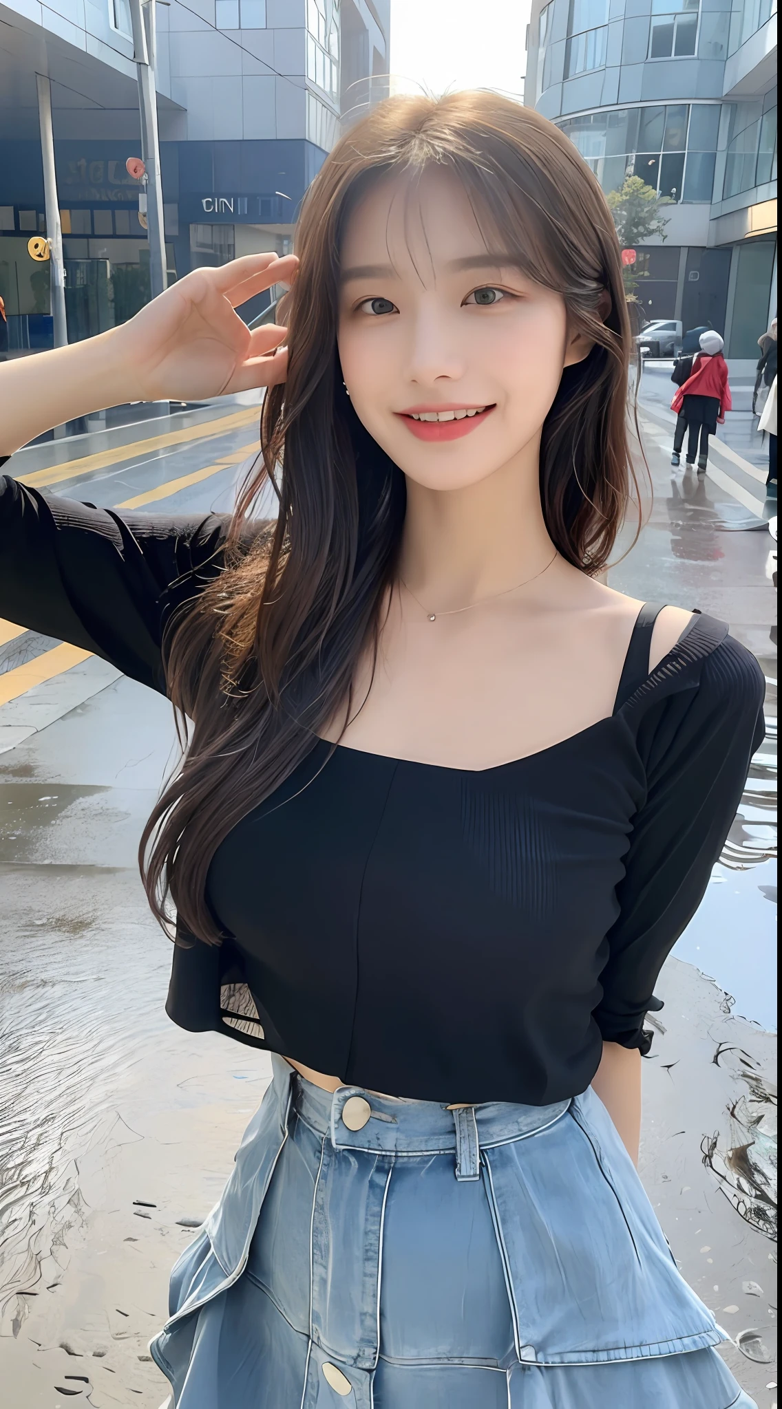 ((Best Quality, 8K, Masterpiece:1.3)), Focus: 1.2, Perfect Body Beauty: 1.4, Buttocks: 1.2, ((Layered Haircut, Breasts: 1.2)), (Wet Clothes: 1.1), (Rain, Street:1.3), Bandeau Dress: 1.1, Highly Detailed Face and Skin Texture, Fine Eyes, Double Eyelids, Whitening Skin, Long Hair, (Shut Up: 1.3), Smile