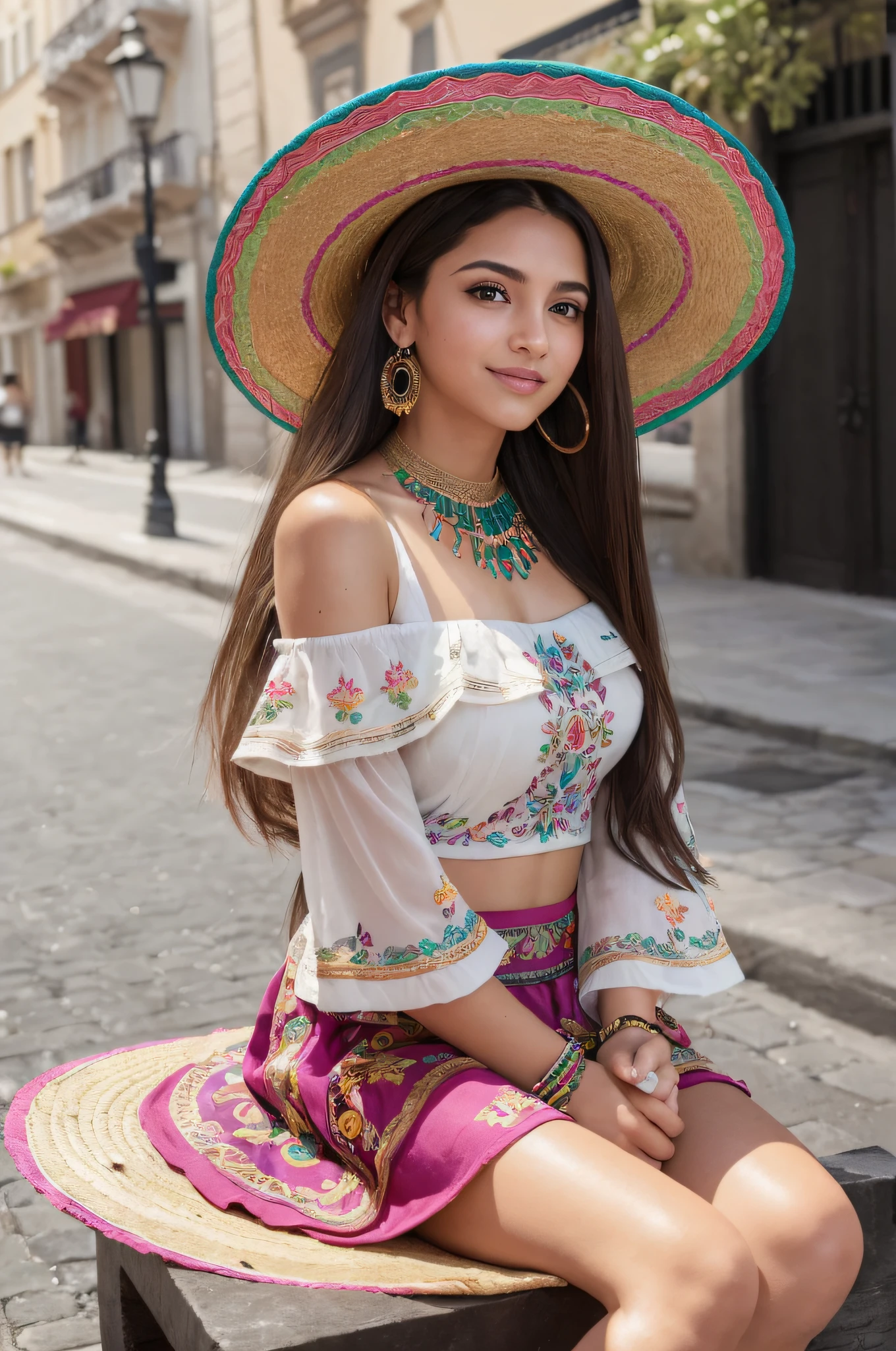 (masterpiece), (portrait), (aesthetic), (beautiful), (upper blody), (high quality), (aesthetic clothings), (professional angle), (rule of thirds), (Feminine), (woman), (female), (beautiful),(feminine features), (25 years), solo, 1 woman, (attractive Mexican), Summer, Natural light, (Sitting), Fresh Makeup, (Medium bust), ((holding a Sombrero)), (Side face), (Joyful expression), ((Vibrant, Happy)), Statement Necklace, ((Long hair)), (Brown hair), (Straight hair), (Thick hair), Natural shine hair, (Flower Clip in hair), (Brown eyes), (Playful, Colorful look), (Olive skin), (Embroidered clothing), (Off-Shoulder Top), (Ruffled Skirt), (Sandals), Sweetheart neckline), ((Urban background)), (- in background), (Full Shot shot), beautiful hands, two hands, normal hands, two arms, complete hands, beautiful body, beautiful fingers, normal fingers, five fingers, five fingers, (Thumb index meddle ring little fingers), beautiful ears, normal ears, beautiful eyes, shiny eyes, beautiful mouth, beautiful lips,