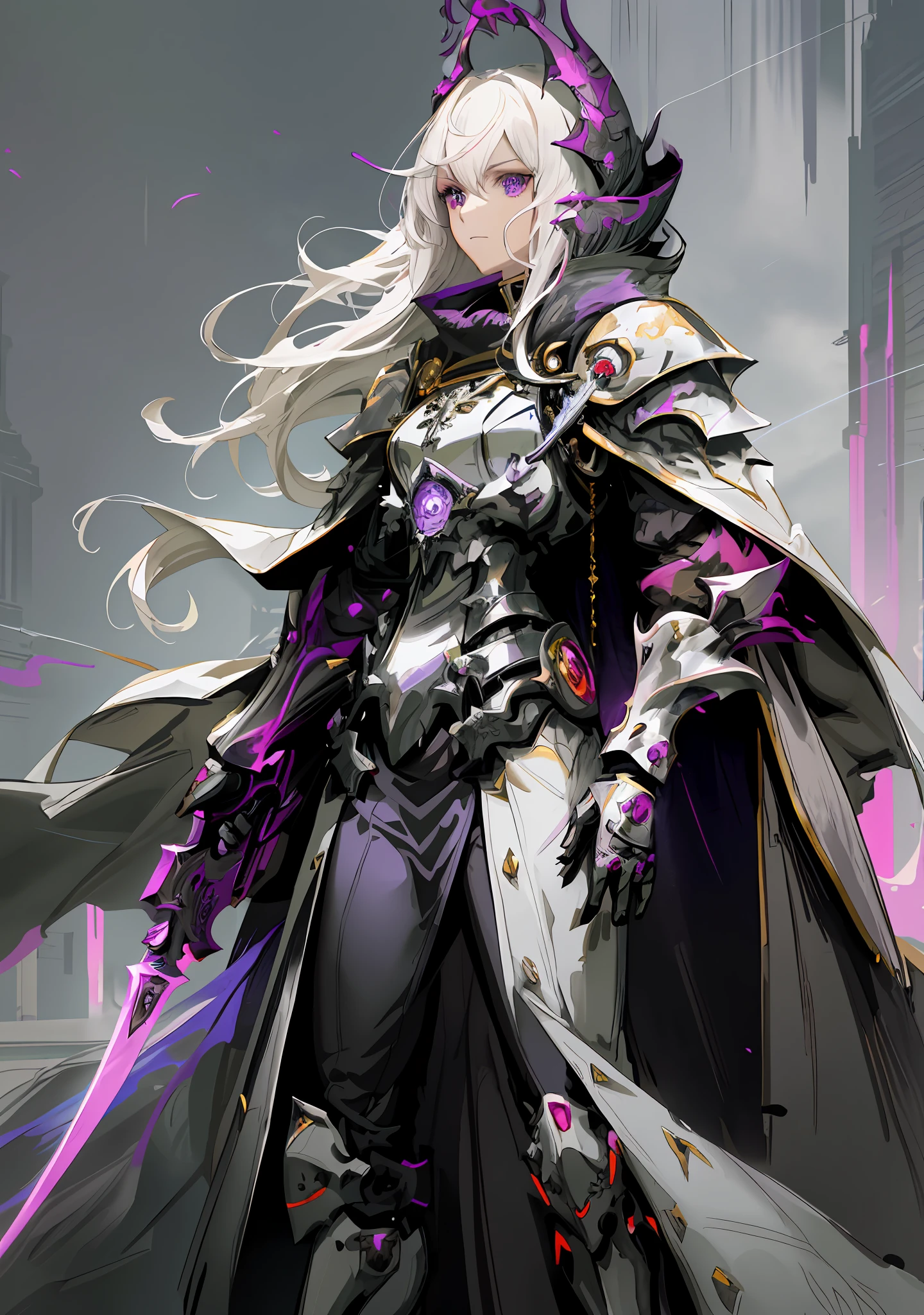 anime character with long white hair and purple cape standing in a city, cushart krenz key art feminine, armor girl, fantasy paladin woman, by Yang J, gorgeous female paladin, female knight, portrait knight female, female paladin, full portrait of magical knight, epic exquisite character art, from arknights, stunning character art, of a beautiful female knight