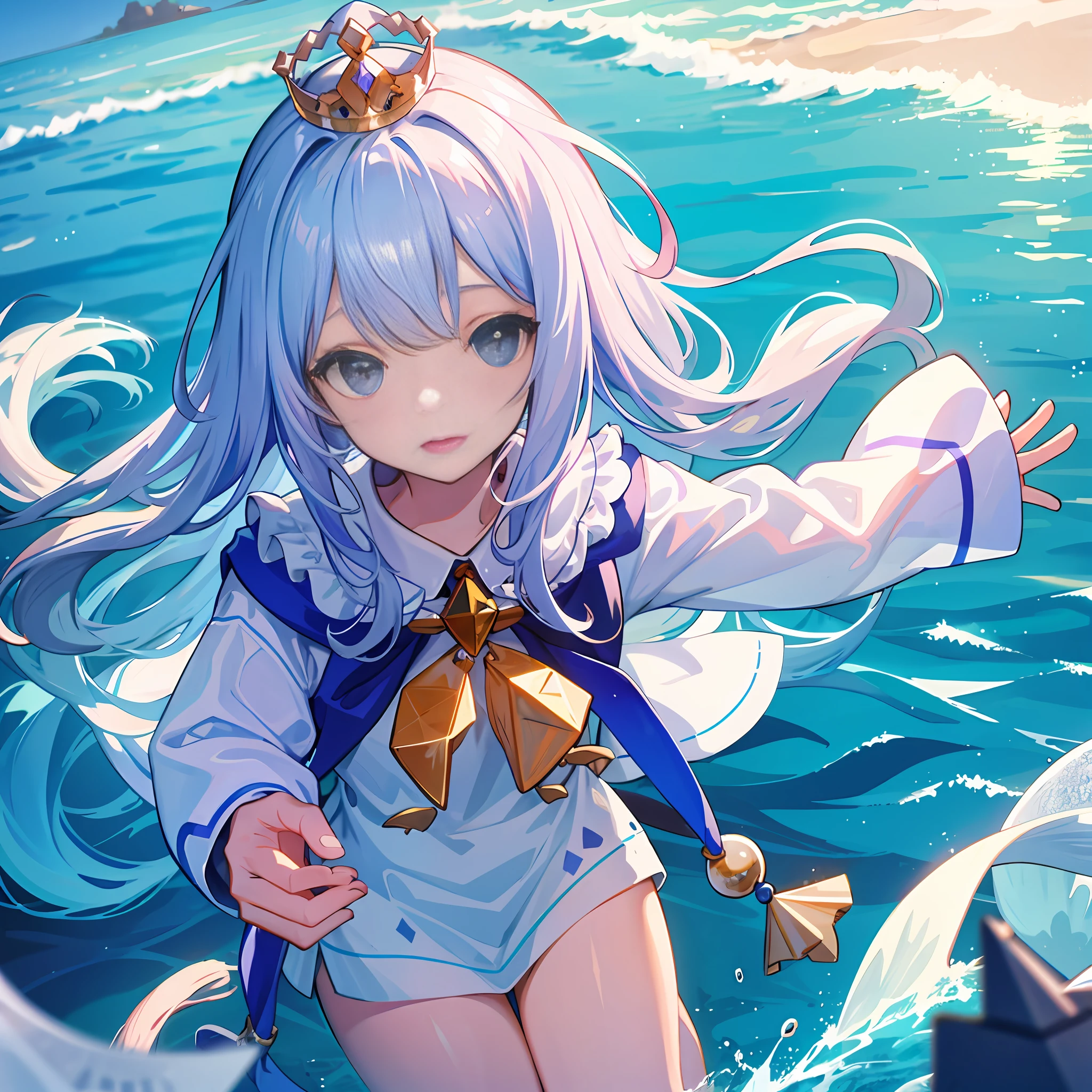 1 girl wearing crystal crown, whale, tail, ocean, mugshot, closeup, dynamic perspective
