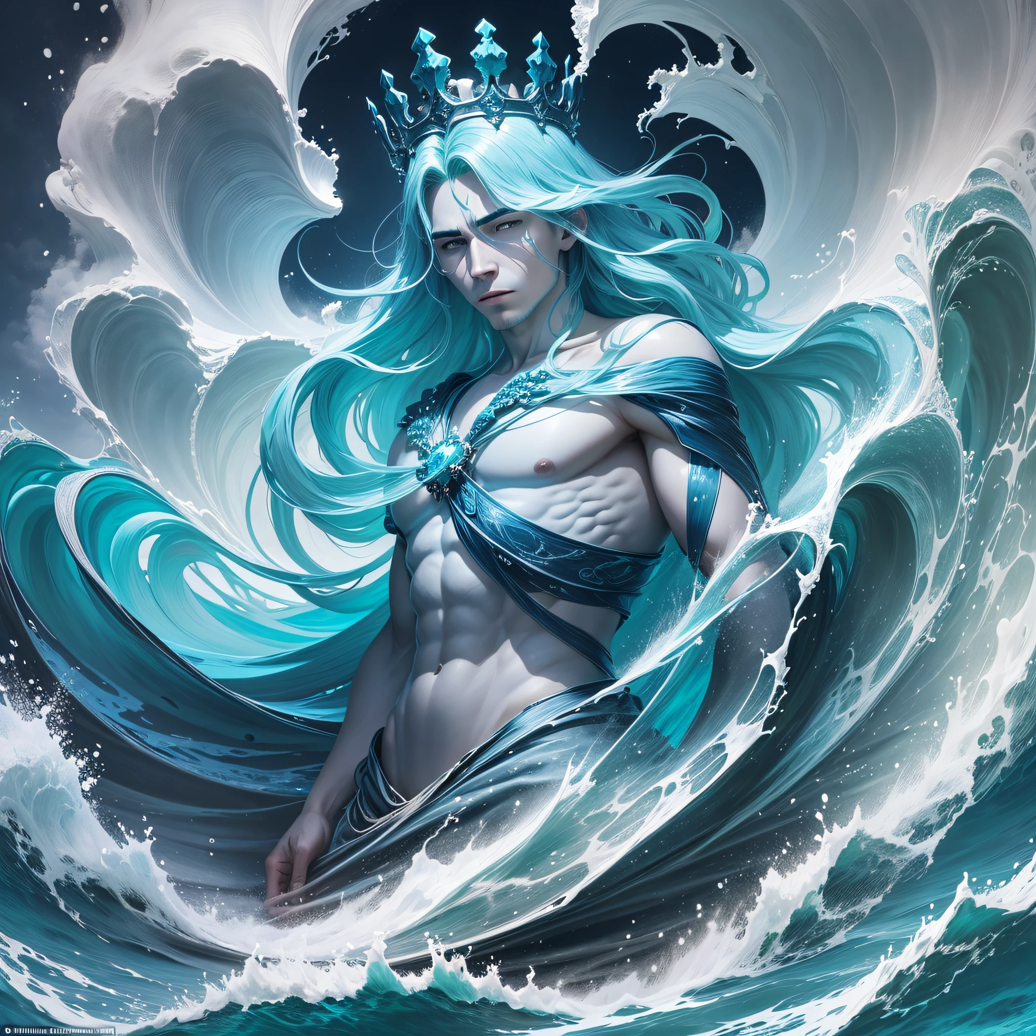 In this picture, the ocean is personified into a mysterious and grand image.

His body is tall and tall, and his body extends out of the blue sea. His skin takes on a variety of bluish hues, symbolizing the depth of the ocean and the vagaries of its unpredictable appearance.

Above his head stands a huge crown of waves, like a crown, symbolizing the domination and greatness of the sea. On the canopy of the waves, light blue, emerald green and transparent water droplets flow from overhead, symbolizing the vitality and vitality of the ocean.

His face is clearly contoured and his eyes are bright, revealing the depth and mystery of the ocean. The eyes contain endless wisdom and a broad vision, recording the history and stories of the ocean.

His hands stretched out naturally, as if embracing the whole world. The palm of the hand displays various patterns of marine life and plants, such as starfish and corals, symbolizing the richness and diversity of marine ecology.

In his background, there is a vast and boundless ocean scene, with rough waves and mountains of waves, showing the boundless power and heaviness of the ocean.

The whole picture exudes a solemn and mysterious atmosphere, representing the sacredness and depth of the sea.

The painting conveys admiration and respect for the ocean. By anthropomorphizing the ocean into a mysterious and grand image, the importance and impact of the ocean on human life and the earth's ecosystem is highlighted.

In general, this personification of the ocean presents a mysterious and solemn image, highlighting the grandeur and depth of the ocean. --auto --s2