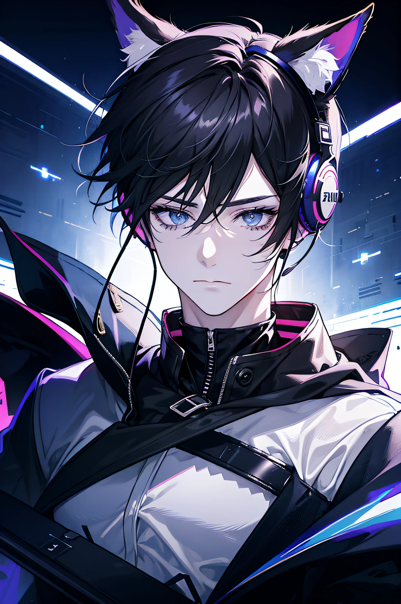 (absurd, high resolution, super detailed), 1 male, adult, handsome, tall muscular man, wide shoulders, delicate eyes, cyberpunk, motorcycle, black hair, stud ears, animal ears, animal ears, holographic, black jacket, speed, night city, neon, skyscraper, from directly above, cyan, magenta, (holland point), shut up, short hair, front, front, short hair, with semi-pack headphones, gaming headsets, headphones, gaming headphones, animal ears, front, animal ears, front close-up, short hair, hair volume, headphones, gaming headsets, boys, handsome, handsome, domineering, animal ears, wolf ears, headphones, headphones, headphones, face close-up, headphones, headphones, headphones, headphones, short hair, wolf ears,
