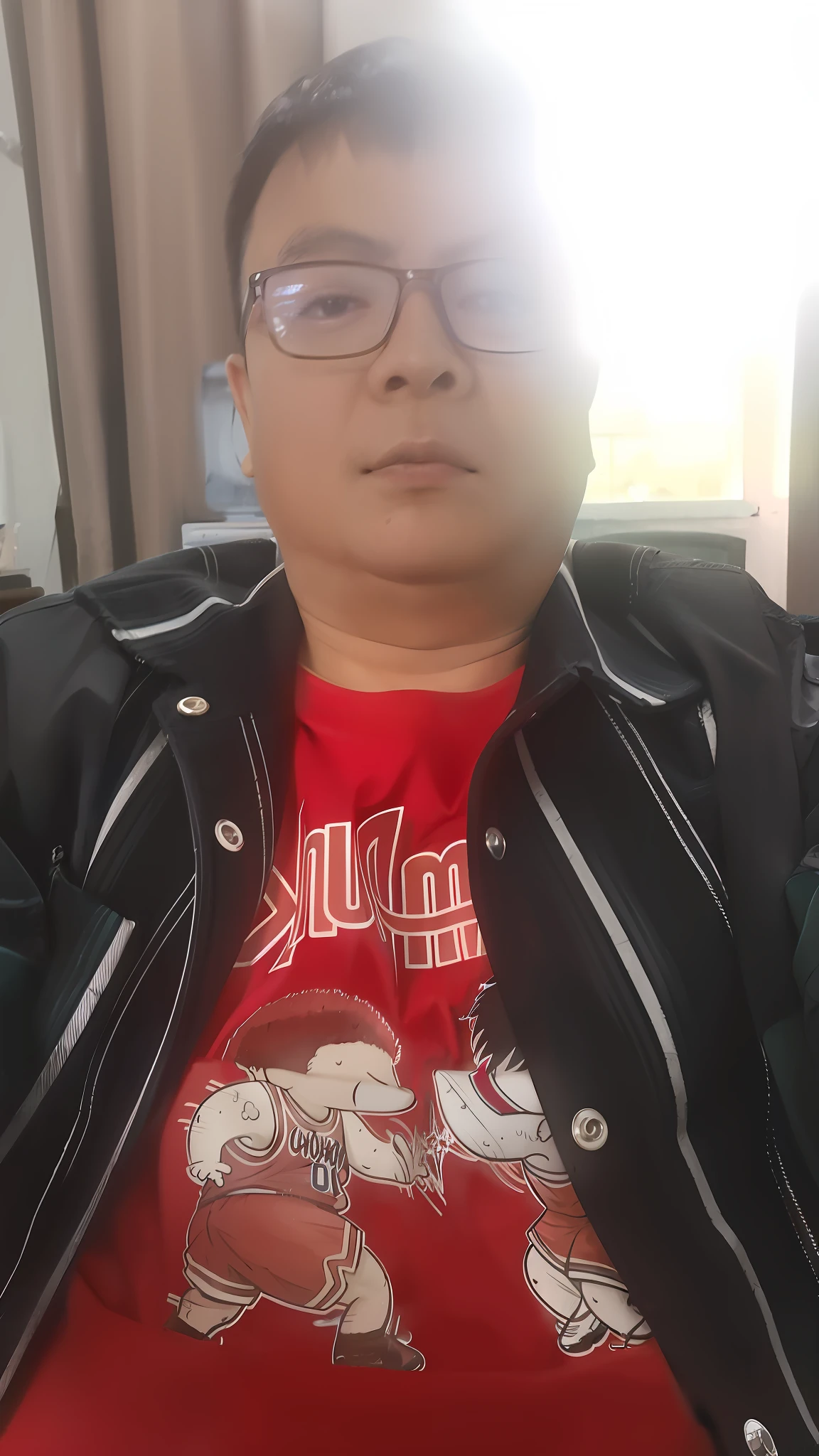 there is a man wearing a red shirt and glasses sitting on a couch, 4 0 years old man, about 3 5 years old, profile picture 1024px, 5 0 years old man, 38 years old, zeng fanzh, very very low quality picture, leng jun, liang xing, 2 7 years old, 2 8 years old