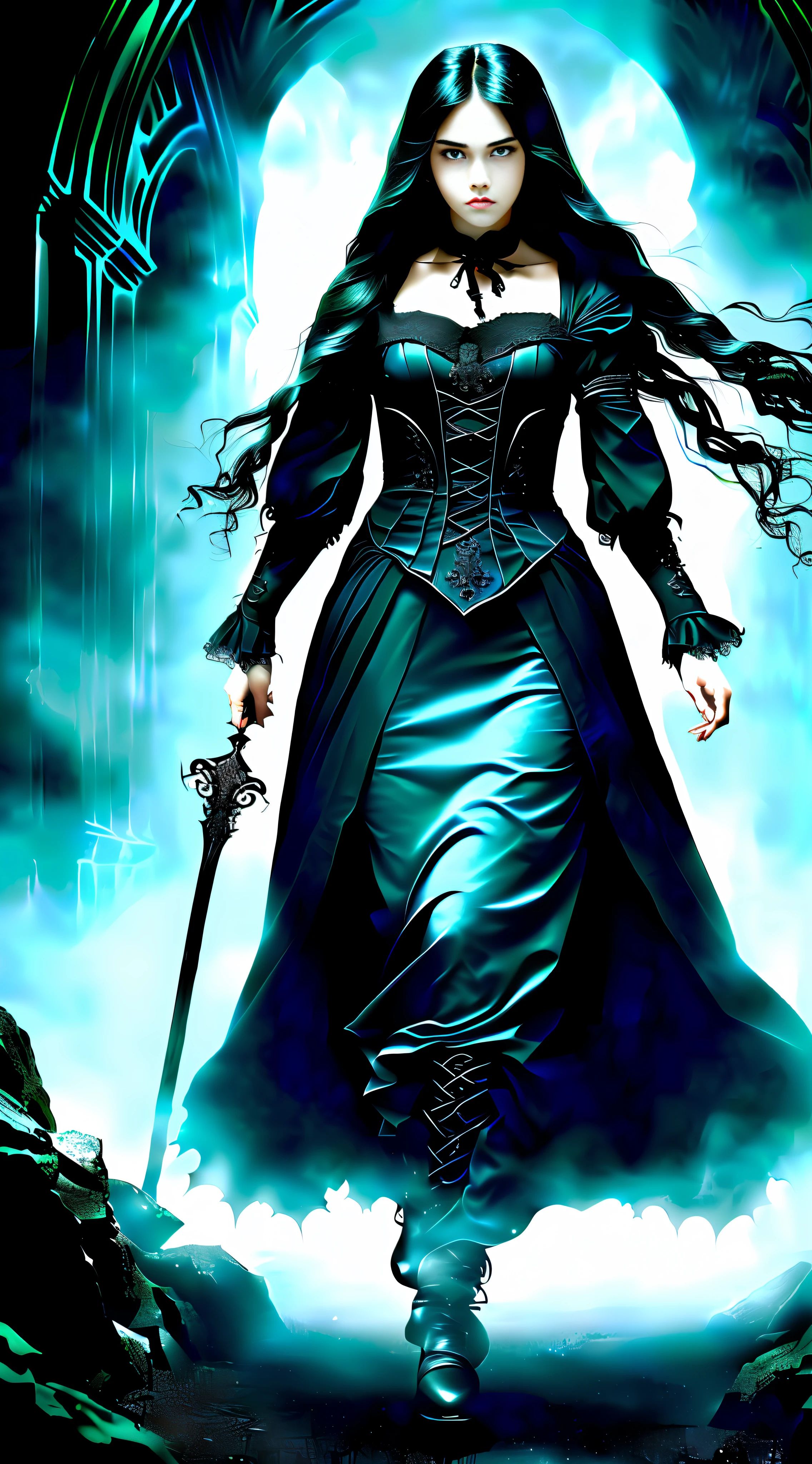 (Very detailed 8k wallpaper), medium shot of a scary necromancer, intricate, highly detailed, dramatic, full body, female, facial delicate, elegant facial features, girly, long hair