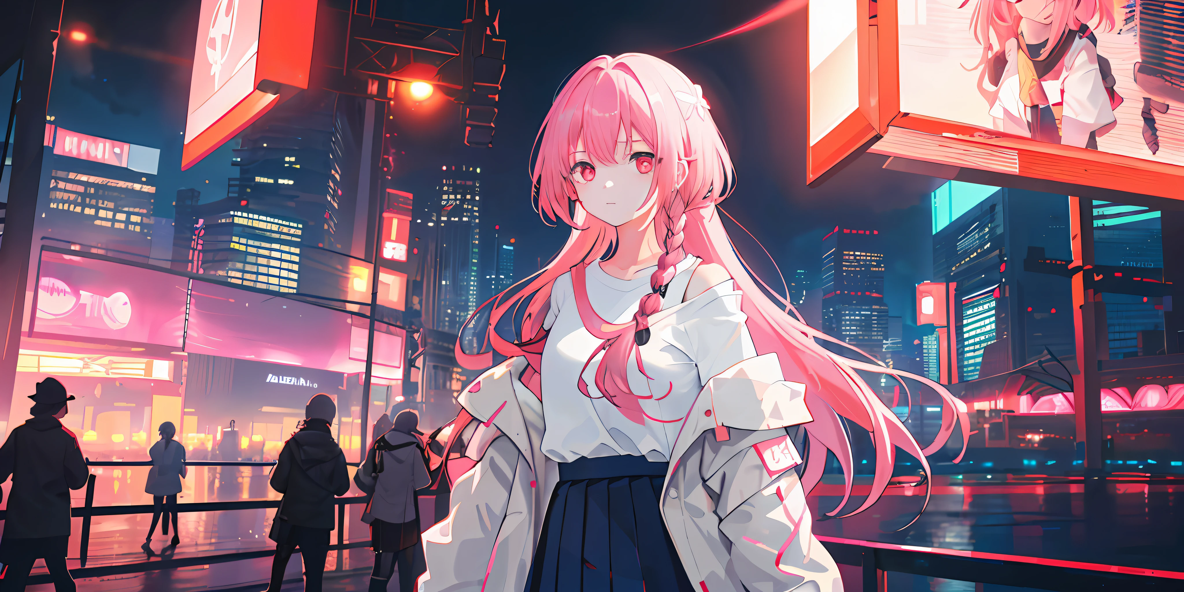 1girl, solo, loli, petite, (very_long_hair), (pink_hair:1.2), braids, (red_eyes), medium_breasts, (white_shirt:1.5), (windbreaker), (off_shoulder:1.2), (portrait), glowing_eyes, background_light, (cityscape:1.5), (pleated skirt, )(neon_lights:1.2), (science), cyberpunk, ((masterpiece)), (highres), (best_quality), (highly_detailed), (original),(Delicate background),(extremely detailed 8K wallpaper),cinematic lighting, volume lighting, light particles, shaded_face, beautiful_detailed_eyes, depth_of_field, perspective,