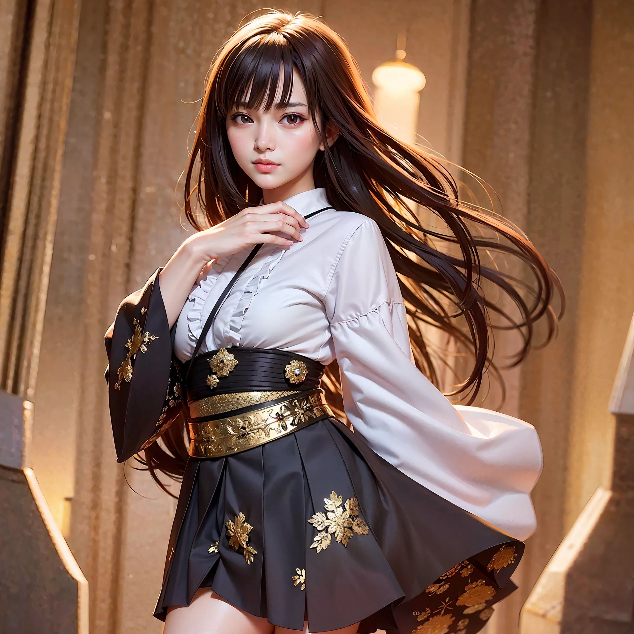 masterpiece, best quality, high quality, beauty, Japan, Japan schoolgirl, popular korean makeup, detail, swollen eyes, detailed eyes, detailed skin, beautiful skin, ultra high definition, (reality: 1.4),very beautiful, little young face, beautiful skin, slender, (ultra realistic), (illustration), (high resolution), (8K), (very detailed), (best illustration), (beautifully detailed eyes), (super detailed), ( Wallpaper), (detailed face), looking at viewer, fine details, detailed face, pureerosfaceace_v1, smile, looking straight ahead, idol costume (ruffles, check, short skirt), facing straight ahead, angle from waist up, realistic photo, bright lighting, professional lighting, brown hair, long hair, characteristic hairstyle, Atsuko Maeda,