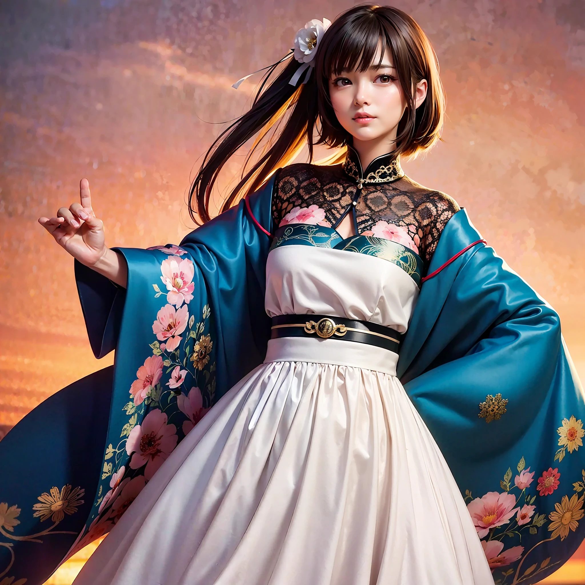 masterpiece, best quality, high quality, beauty, Japan, Japan schoolgirl, popular korean makeup, detail, swollen eyes, detailed eyes, detailed skin, beautiful skin, ultra high definition, (reality: 1.4),very beautiful, little young face, beautiful skin, slender, (ultra realistic), (illustration), (high resolution), (8K), (very detailed), (best illustration), (beautifully detailed eyes), (super detailed), ( Wallpaper), (detailed face), looking at viewer, fine details, detailed face, pureerosfaceace_v1, smile, looking straight ahead, idol costume (ruffles, check, short skirt), facing straight ahead, angle from waist up, realistic photo, bright lighting, professional lighting, brown hair, long hair, characteristic hairstyle, Atsuko Maeda,
