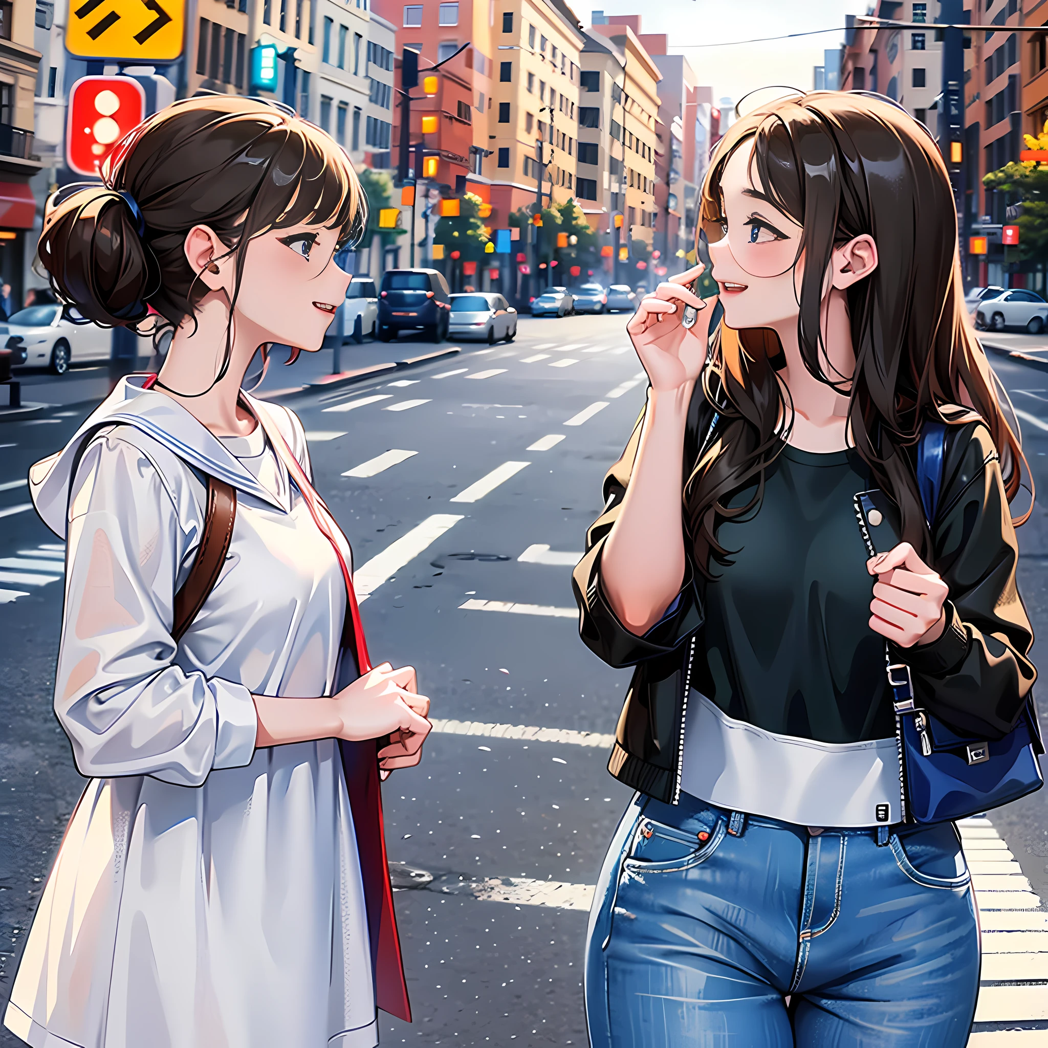 In college, there are two girls standing on the side of the road, whispering, smiling, positive, looking down, super detailed, 4k, super detailed