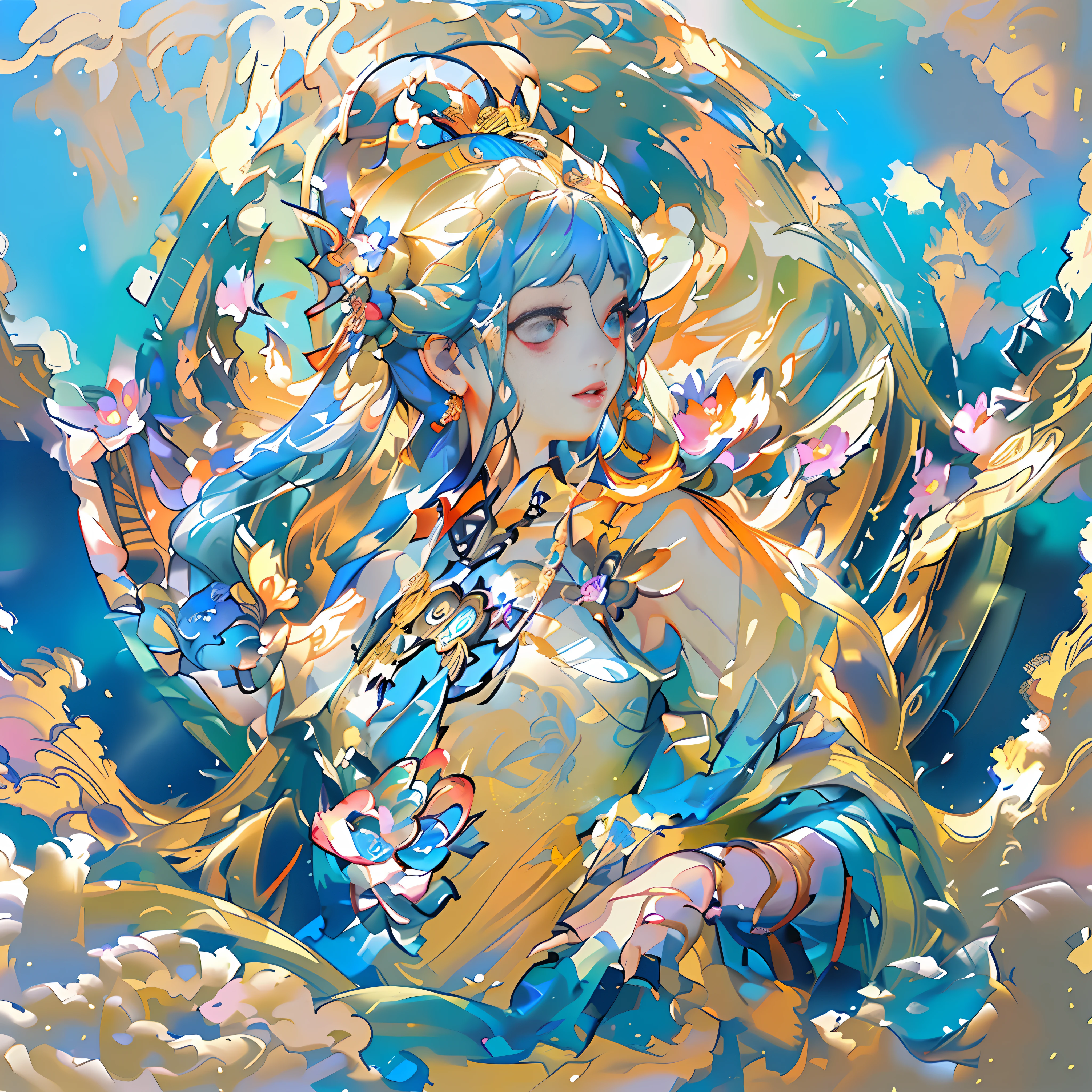 Anime girl with blue hair and golden jewelry in the clouds, Mu Yanling, Queen of the Sea, Beautiful Fantasy Queen, Alice X. Zhang, Beautiful Young Wind Spirit, Asian Female Water Element, (((Beautiful Fantasy Queen)), Beautiful Digital Art, Chinese Fantasy, Yang J, 4k Highly Detailed Digital Art, Beautiful Character Painting, Ancient Chinese Goddess, 1 Girl, Chibi, A Girl Holding a Small Planet, (Full Body) Solo, Hanfu, Flower Field, Blossom, (White Smoke: 1.3) (Realistic: 1.4), Zen, Mandala, Entanglement, Official Art, Unity 8k wallpaper, Ultra detailed, Beautiful and beautiful, Masterpiece, Best Quality, (Dynamic Angle: 1.4), Glowing Skin, (Floating Colorful Glitter: 1) Most Beautiful Chaotic Forms, Elegance, Fauvist Design, Bright Colors, Romanticism, Depth of Field, , Planet, Blue Flower Hairpin, Planet, (5 fingers, detailed hands) 1 girl, a girl holding a small planet, (Full body) solo, hanfu, flower field, blossom, (white smoke:1.3) (realistic:1.4), zen entanglement, mandala, tangled, official art, Unity 8k wallpaper, super detailed, beautiful beauty, masterpiece, best quality, (dynamic angle: 1.4), glowing skin, (floating colorful sparks: 1) the most beautiful chaotic form, elegant, brutalist design, bright colors, romanticism, depth of field, planet, blue flower hairpin, planet, (5 fingers, detailed hands) --auto --s2
