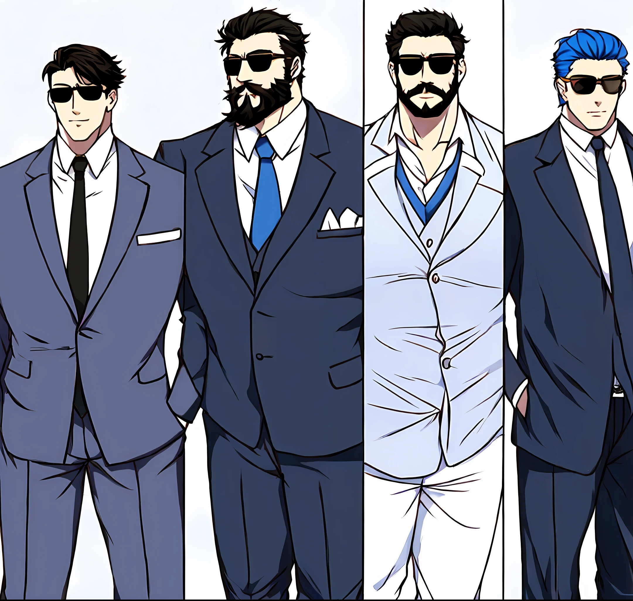 3 men, with suits (one with big hair and big fat beard) the other (thin with sunglasses on his face) and the last (normal with hair to the side)
