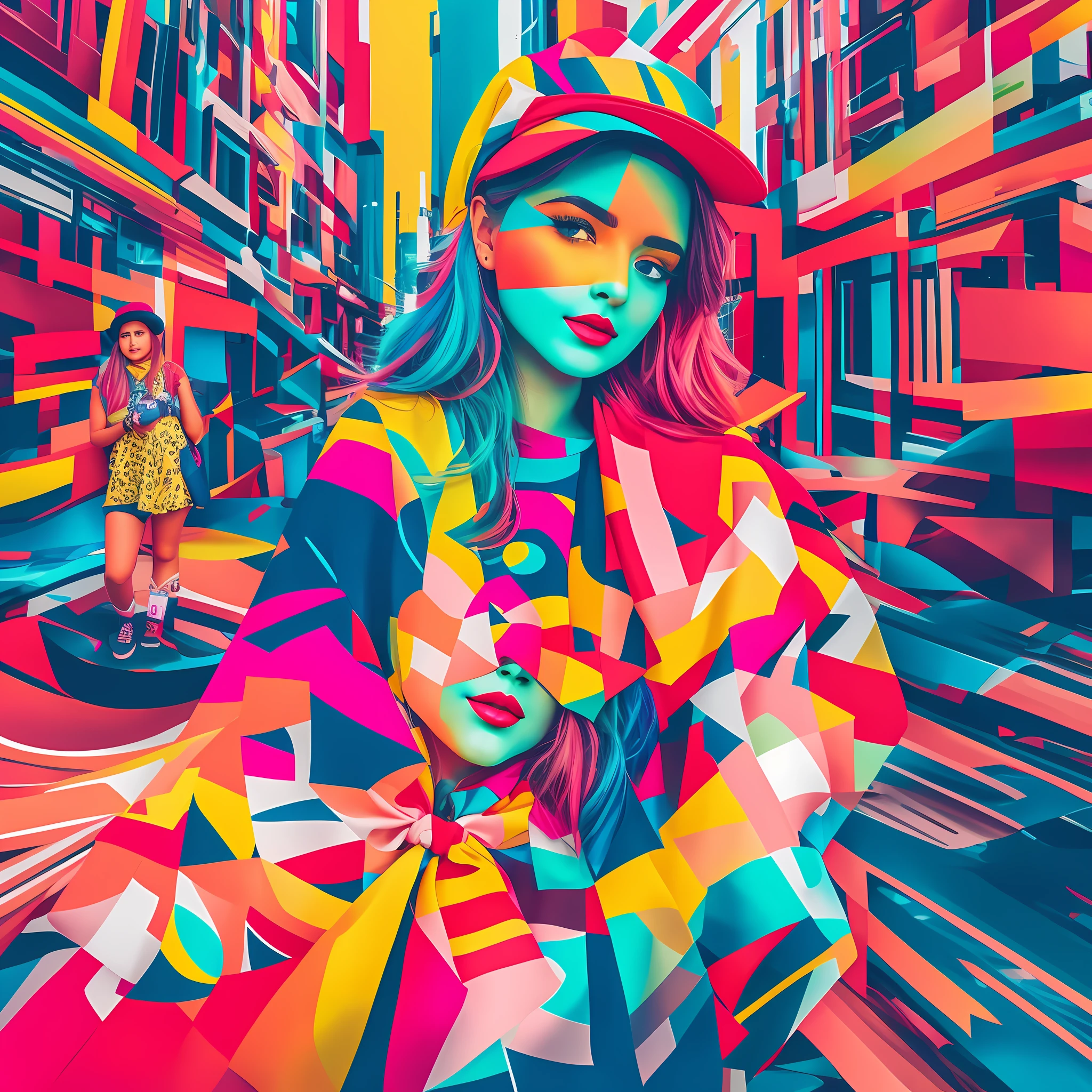 a woman with a colorful tik tok hat and colorful dress standing in a city, colorful digital art, colorful digital painting, colorful digital art, digital art style, vibrant digital painting, digital illustration style, digital art style, surreal colors, color illustration, photograph with realistic color dontik tok initials, color photo, surreal style,  hyper color digital art, vibrant digital art, in digital painting style