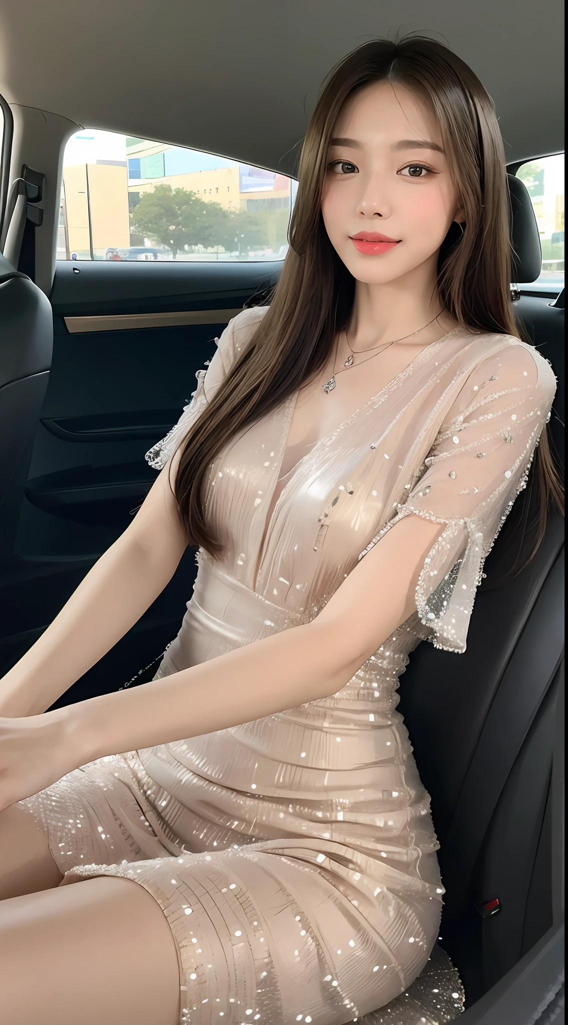 ((Best Quality, 8k, Masterpiece: 1.3)), Focus: 1.2, Perfect Body Beauty: 1.4, Buttocks: 1.2, ((Delicate Long Hair)), (Sparkling Dress: 1.1) , (Sports car, street: 1.2), Highly detailed face and skin texture, Fine eyes, Double eyelids, Whitened skin, Smile, Wearing necklace, ring, person sitting inside a car.