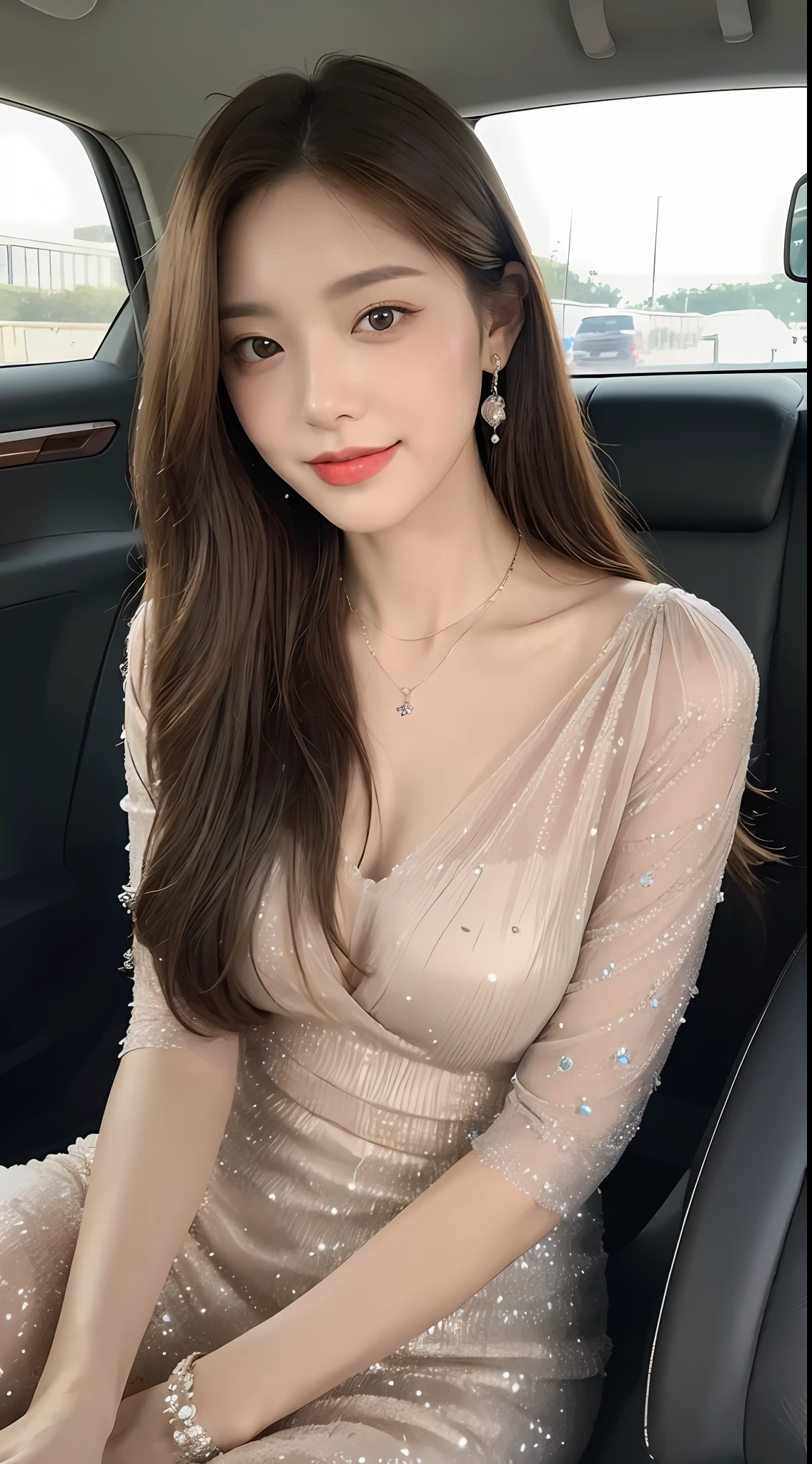 ((Best Quality, 8k, Masterpiece: 1.3)), Focus: 1.2, Perfect Body Beauty: 1.4, Buttocks: 1.2, ((Delicate Long Hair)), (Sparkling Dress: 1.1) , (Sports car, street: 1.2), Highly detailed face and skin texture, Fine eyes, Double eyelids, Whitened skin, Smile, Wearing necklace, ring, person sitting inside a car.