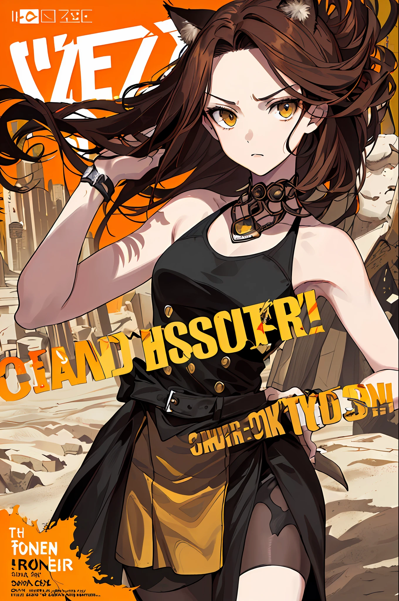 ((((dramatic))), (((sandy))), (((intense))) movie poster based on heroes with a young woman as the central character. She stands confidently in the center of the poster, wearing an elegant and edgy outfit, with a determined expression on her face. The bottom is dark and sandy, with a sense of danger and intensity. The text is bold and eye-catching and eye-catching, with a catchy tagline that adds to the overall sense of drama and excitement. The color palette is mostly dark with pops of vibrant colors, giving the poster a dynamic and visually striking appearance, tachi-e
(magazine: 1.3), (cover style: 1.3), fashionable, woman, vibrant, outfit, posing, forehead, colorful, dynamic, background, elements, safe, expression, hold, statement, accessory, majestic, rolled, around, touch, scene, text, cover, bold, eye-catching, title, elegant, font, catchy, headline, larger, eye-catching, modern, modern, focus, fashion, fashion, cat's ears, cattail, long brown hair, caramel brown eyes,