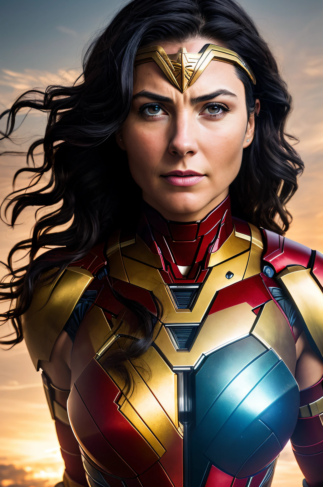 woman 35 years ,straight short black hair, in iron man costume, night, soft lighting, in battle, expressive, dust, movement, dynamic angle, realistic lighting, background of the movie scene Wonder Woman, photo by Brooke DiDonato, (natural skin texture, hyperrealism, soft light, sharp: 1.2), (complex details: 1.12), hdr masterpiece, best quality, (highly detailed photo: 1.1), 8k, photorealistic, (SFW),