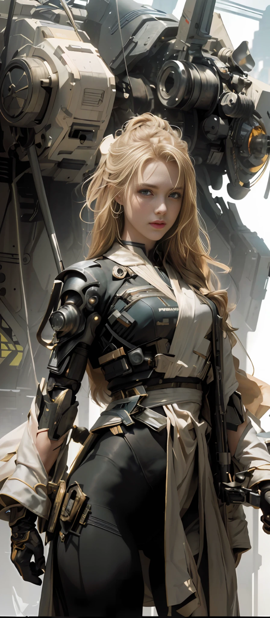Masterpiece, Best Quality, Film, Official Art, Propaganda Art, Movie Wallpaper, Very Detailed CG Unified 4k Wallpaper, Intricate Details, White Background, Upper Body, Facial Focus, Concept Art, Production Art, ( , Highres, (realistic, photo-realistic:1.2), physically-based rendering, machinery, reflection, realistic, cyberpunk, symmetric front view close up head shot eyes symmetry face very sharp focus realistic award winning matte drawing movie light 1 boy, mecha, (Illustration: 1.1), slim, fair skin, delicate face, king robe, shine, tights, (long blonde hair), green eyes, battlefield, chip, shine, sword