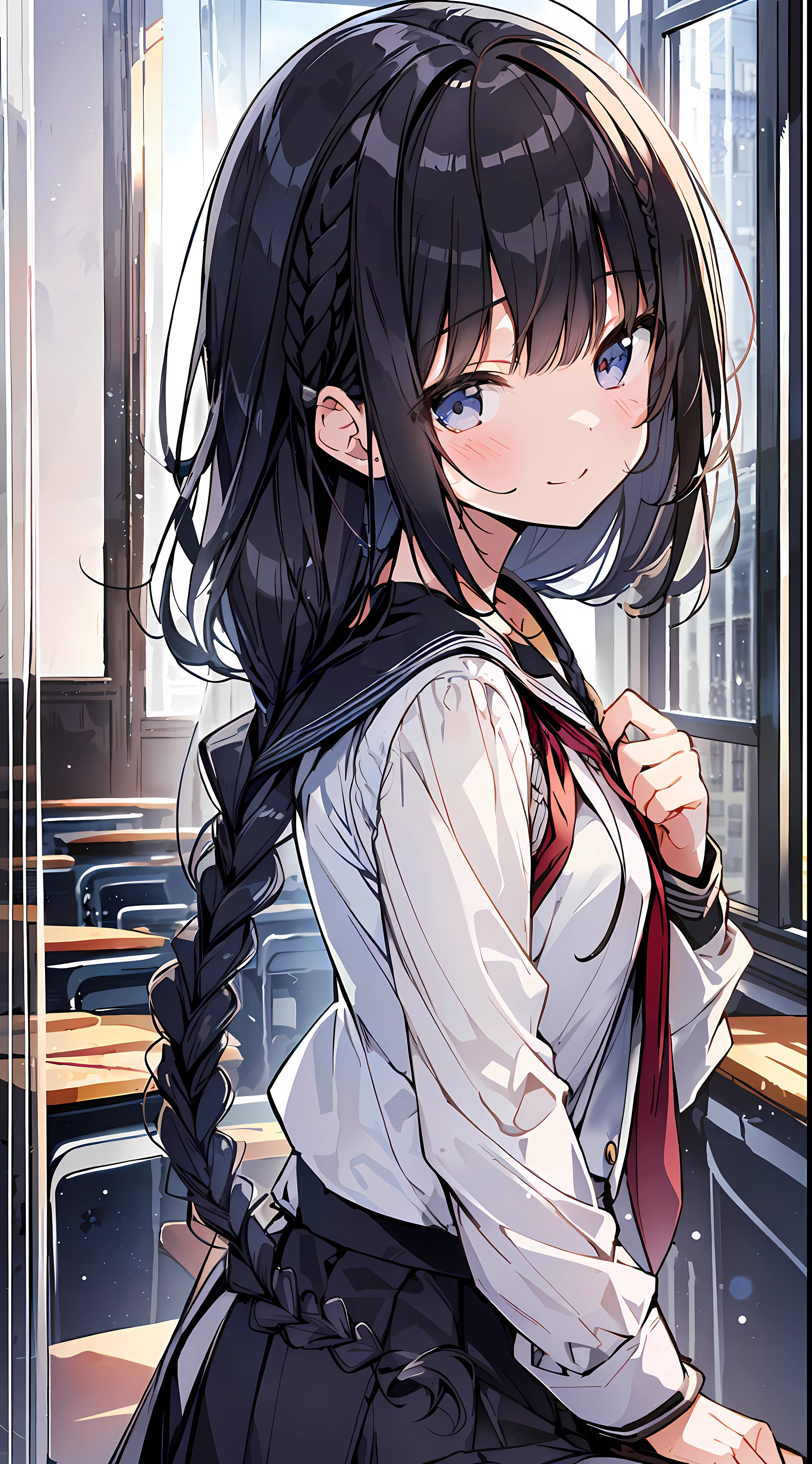 (Incredibly Absurdres Absolutely Resolution: 1.5), Top Quality, Masterpiece, Ultra High Definition, 8k, Early Summer, (School Uniform, Blazer), Shojo Manga Style, Loli, Soft Line Art, Digital Enhancement, Shojo Manga Touch, Shojo Manga Core, (((Hair length to shoulder)))), (((Short braid)) ), soft drawing, fluffy, soft, beautiful black hair, clear eyes, (((gentle smile)), ultra-detailed digital anime art, clear face depiction, ultra-detailed shojo manga character art, clear facial features, manga style, top quality color, delicate, staring at us head-on, hand gestures, angle that can see up to your feet, classroom, entangle, beautiful and aesthetic:1.3、High quality:1.3