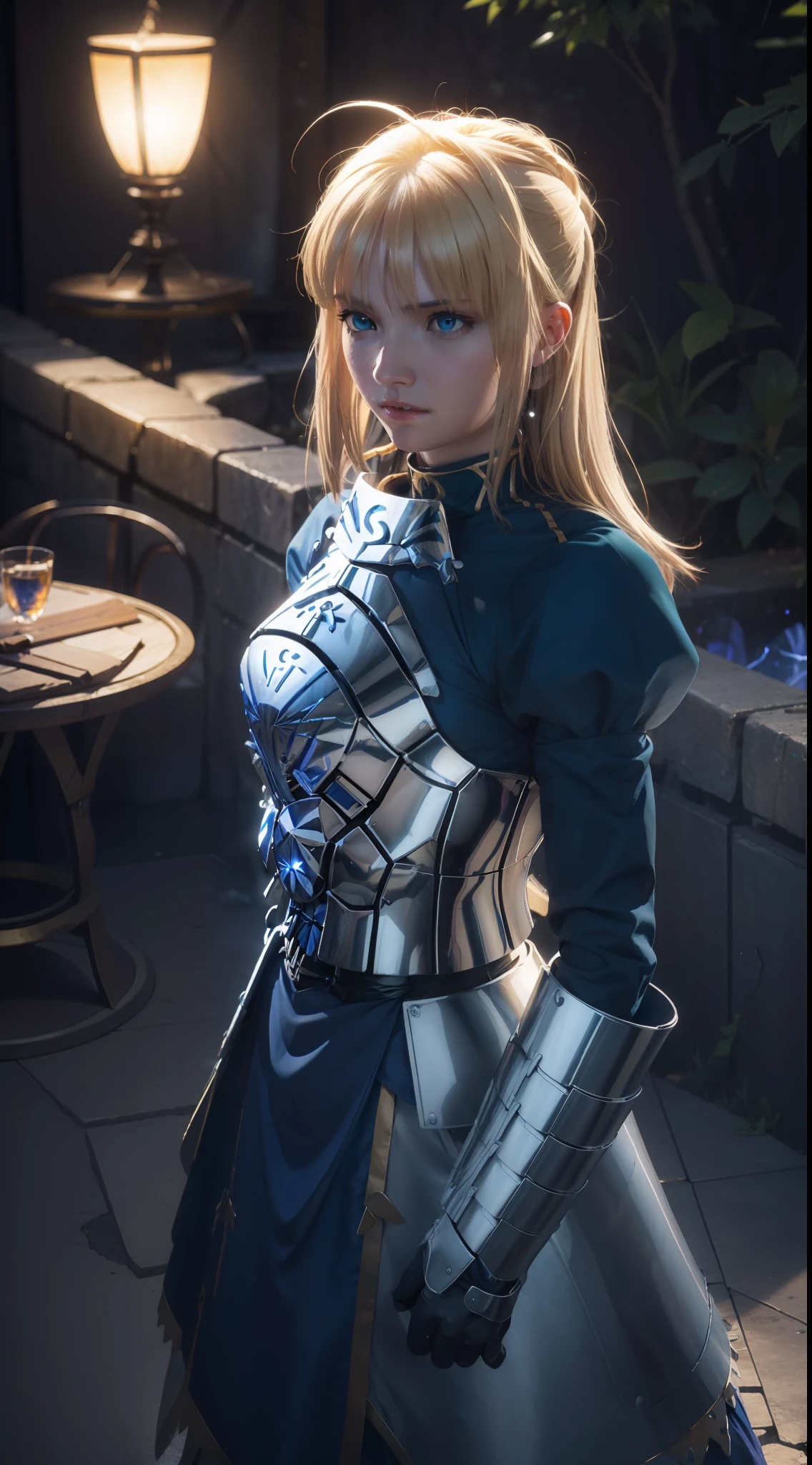 1girl, artoria pendragon (Fate), armor, looking at viewer, warrior look, battle posture, bright blue eyes, armor gloves, 8k, ultra detailed, masterpiece, best quality, (extremely detailed), Saber (Fate Stay Night), Saber cosplay, dynamic angle, battlefield background, rim lighting, cinematic light, ultra high res, 8k uhd, best shadow, delicate, RAW, light particles, detailed skin texture, detailed armor texture, detailed face, intricate details, ultra detailed, bright, strong, bright eyes, long cable, fantasy, (realistic), complex, intricate, perfect lighting, cinematic lighting, sacred light, vivid, bang, windy, realistic, photorealistic.