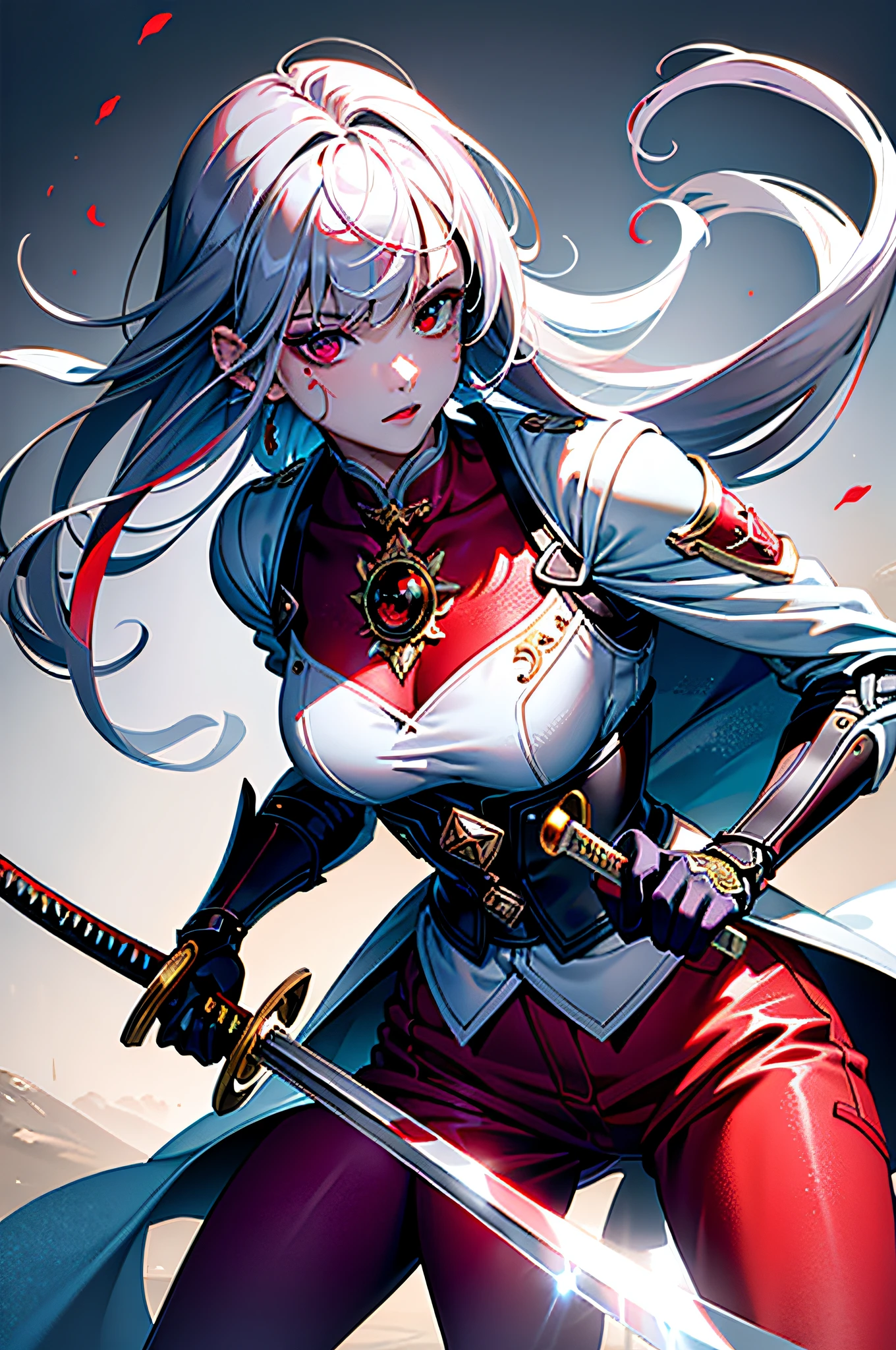 ((masterpiece)), (((best quality))), ((ultra detail)), ((illustration)), ((semi-realistic)), (reflections), sharp focus, front lighting, intense shadows, (beautiful detailed eyes), eyelashes, (extremely delicate and beautiful girl), ((red eye)), silver hair, (jacket), (trousers), long hair, (wielding a katana), ((detailed eyes)), ( cold-blooded), medium chest, shiny skin, cinematic lighting mask, ray tracing, depth of field, dynamic angle, looking at the viewer, ((epic background)), (blood on the face 1.2), (difficulty 1.4)