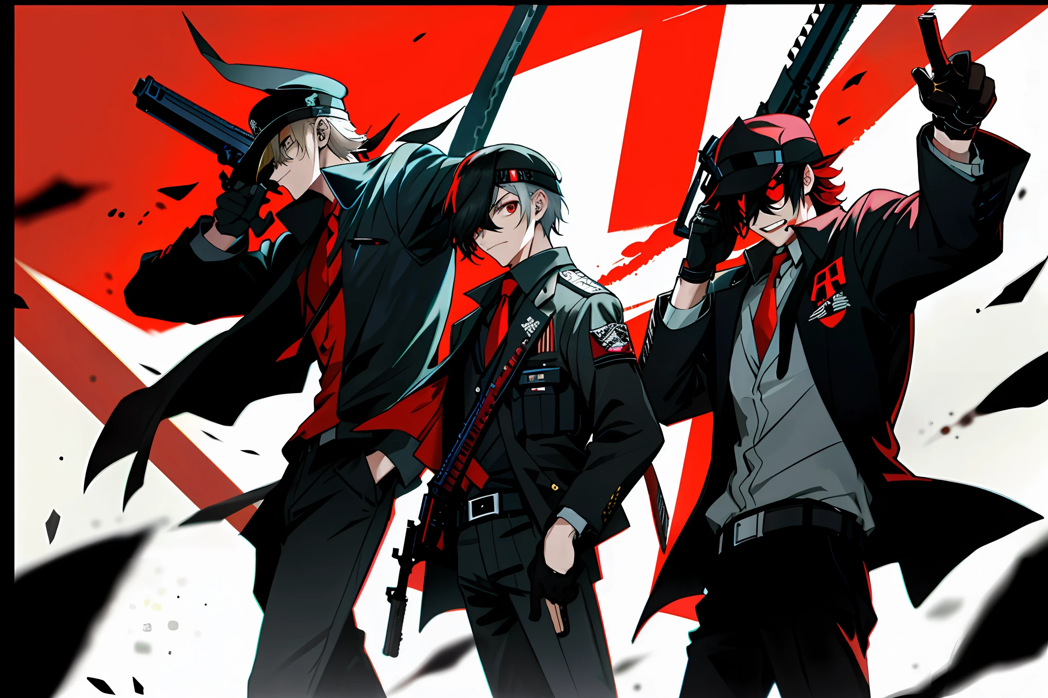 3 men in war, with guns up