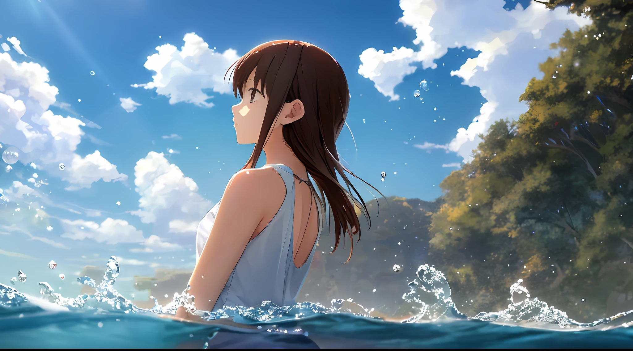 Detailed and precise illustrations in anime style. Very cute young woman, in the water, looking up at the surface of the water above, wistful expression, short brown hair, wearing a white shirt. She wears a very long blue skirt. Solo, perfect round gray eyes, slowly sinking from the back into the blue sea, fantastic background full of light, fantastic lighting, many bubbles, Makoto Shinkai anime style