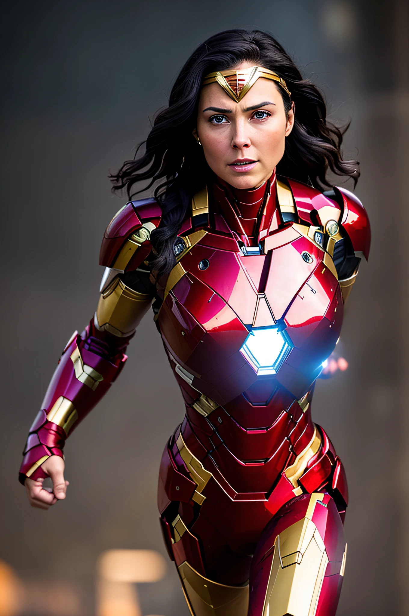 woman 35 years ,straight short black hair, in iron man costume, night, soft lighting, in battle, expressive, dust, movement, dynamic angle, realistic lighting, background of the movie scene Wonder Woman, photo by Brooke DiDonato, (natural skin texture, hyperrealism, soft light, sharp: 1.2), (complex details: 1.12), hdr masterpiece, best quality, (highly detailed photo: 1.1), 8k, photorealistic, (SFW),