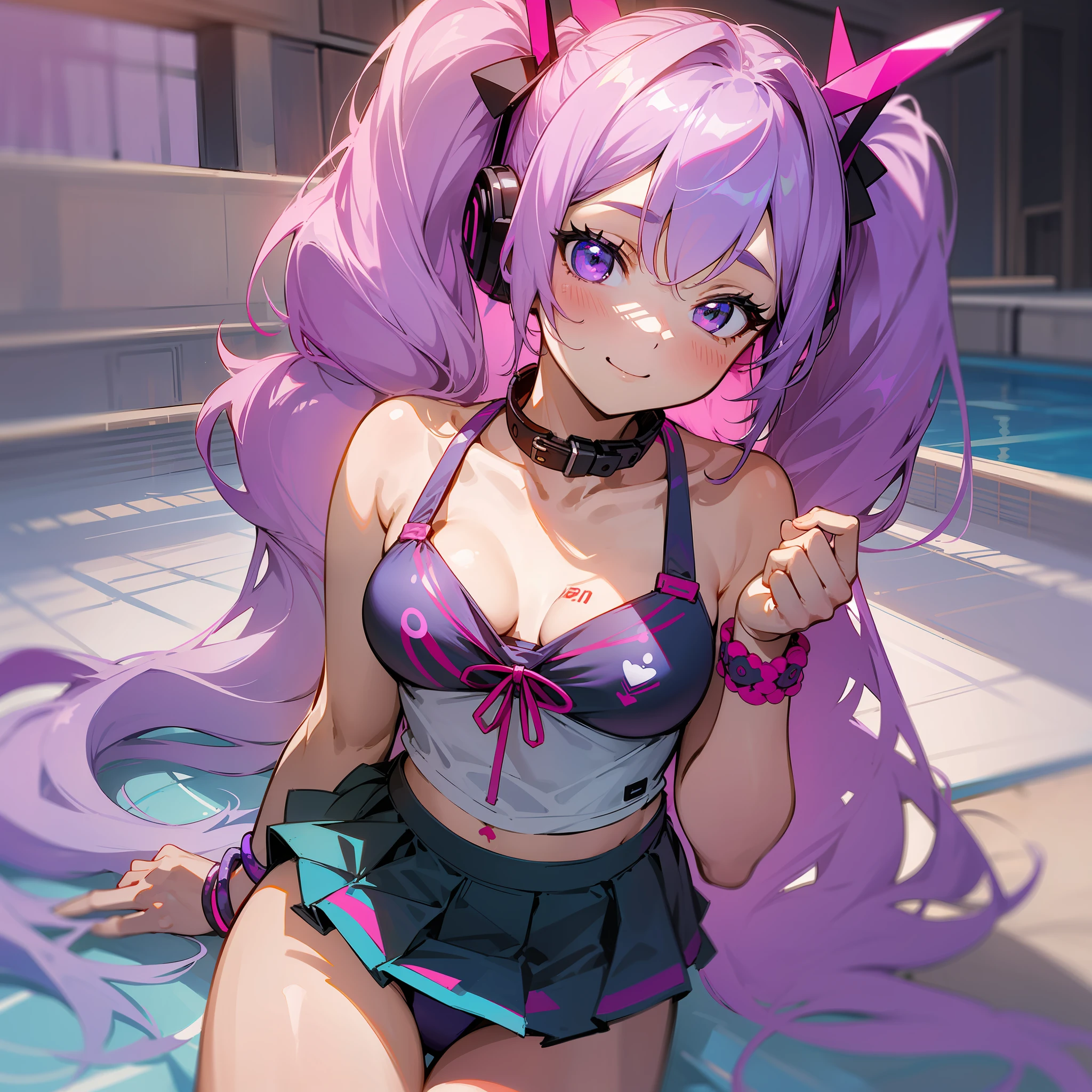 Masterpiece, Top Quality, Super Detail, One Girl, Solo, Viewer(Curve: 1.1), Collar, Bangle, Bracelet, (Thigh: 1.2), Bed, (((Masterpiece))), ((Best Quality)), Chromatic Aberration, 1girl, Solo, Skirt, Hatsune Miku, Long Hair, Thighs, Twin Tails ,Headset, Purple Eyes, Purple Hair, Full Body, Live Venue Background, Very Long Hair, Tattoo,Hair Ornament, Wearing a pink swimsuit, happy, light purple hair, twin tails again, wearing a navy school swimsuit, the swimsuit has "Hina" drawn on it, the background is pool, the eye color is purple, and the red pinning is on the right bangs with two pieces