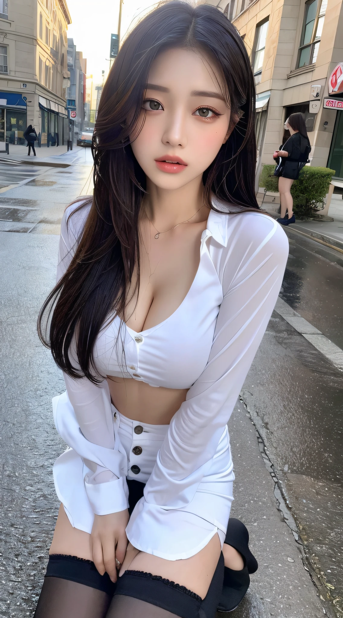 ((Best Quality, 8K, Masterpiece: 1.3)), Sharp: 1.2, Perfect Body Beauty: 1.4, Slim Abs: 1.2, ((Layered Hairstyle, Big Breasts: 1.2)), (Wet White Button Long Shirt: 1.1), Full Body, (Rain, Street: 1.2), Wet: 1.5, Highly detailed face and skin texture, Fine eyes, double eyelids, stockings