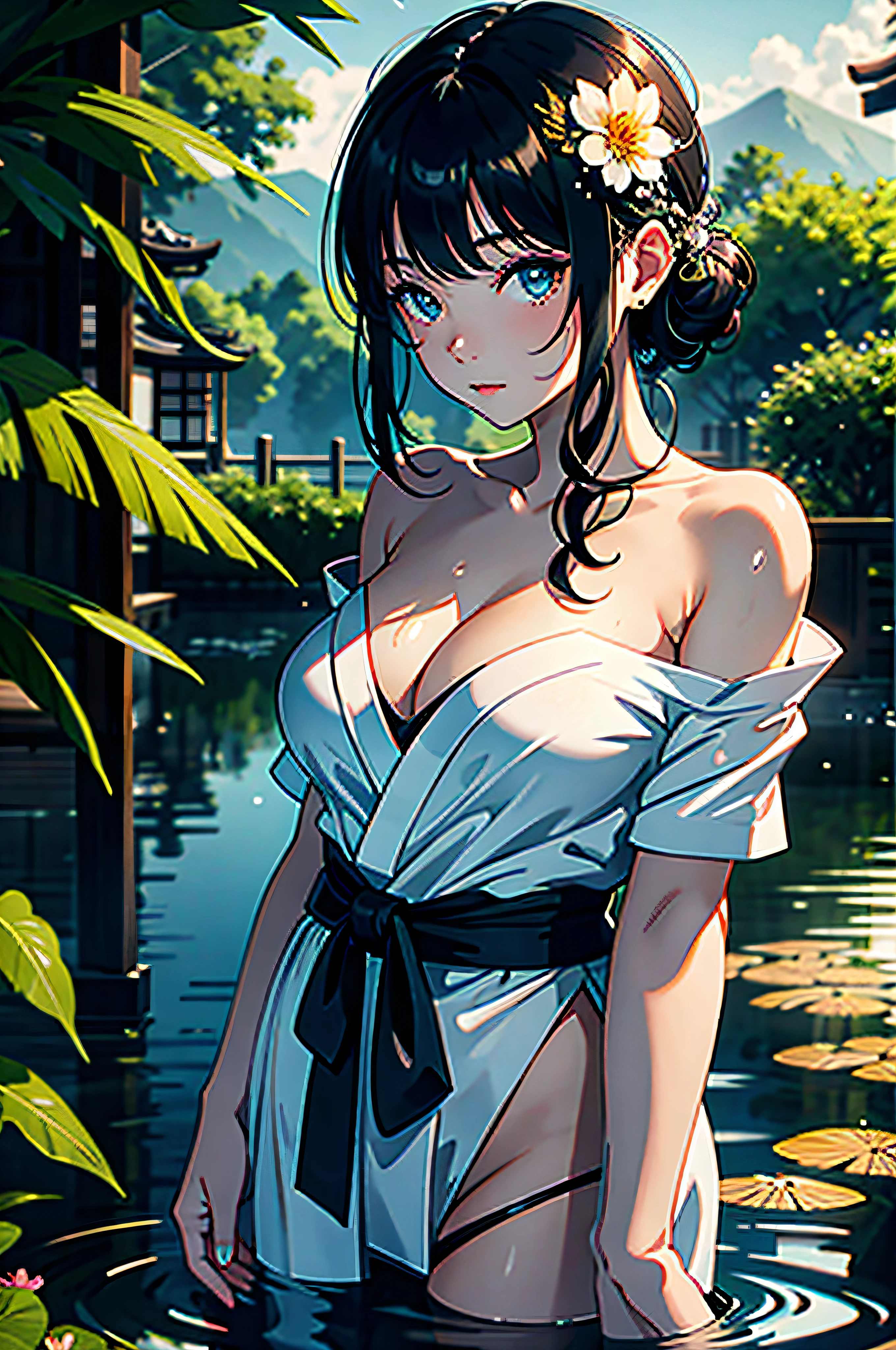 1girl, breasts, moon, lantern, night, solo, large breasts, hair ornament, wet, kimono, japanese clothes, wading, water, hair flower, flower, outdoors, sky, full moon, rain, black hair, off shoulder, mountain, cloud, holding, sash, bare shoulders, paper lantern, standing, white kimono, night sky, sideboob, obi, wet clothes, bangs, tree, from side, reflection, short hair, cloudy sky, wet hair (((masterpiece),(extremely detailed CG unity 8k wallpaper),best quality,,solo,1girl,cinematic lighting,detailed background,beautiful detailed eyes,bright pupils, (an extremely delicate and beautiful),(Beautiful and detailed eye description)， ultra-detailed,masterpiece,)),