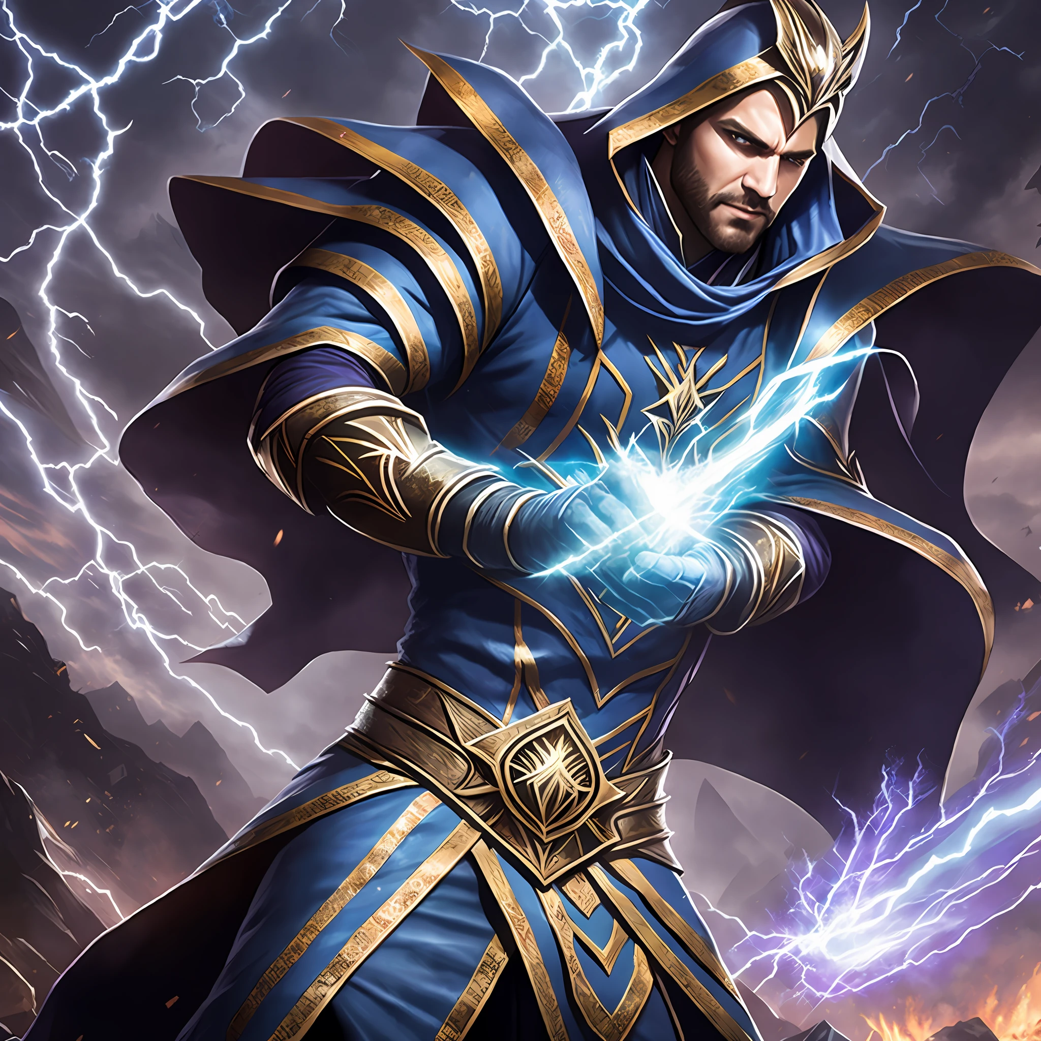 Arcanist of the Storms:
Specializations: Destruction and Alteration.
Initial abilities: Destruction, Alteration, Enchantment, Athletics, Conjuration, and Illusion.
Description: The Arcanist of Storms is a master of destructive magic and the manipulation of natural forces. He dominates the elements, launching lightning, fireballs, and ice blasts at his enemies. In addition, he has abilities in alteration to strengthen his body and resist attacks, and in enchantment to enhance his magical equipment.