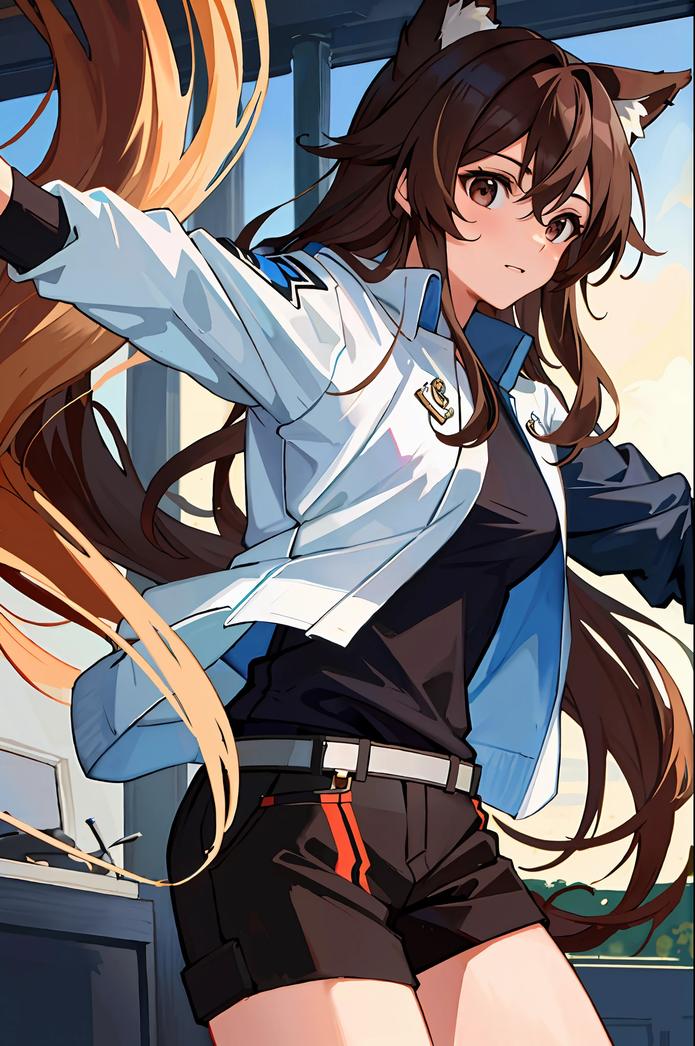 ((masterpiece: 1.2, best quality)), 1aldy, solo, (training uniform), brown brown hair, long hair, caramel brown eyes, wolf ears, wolf tail, (art nouveau: 1.3)