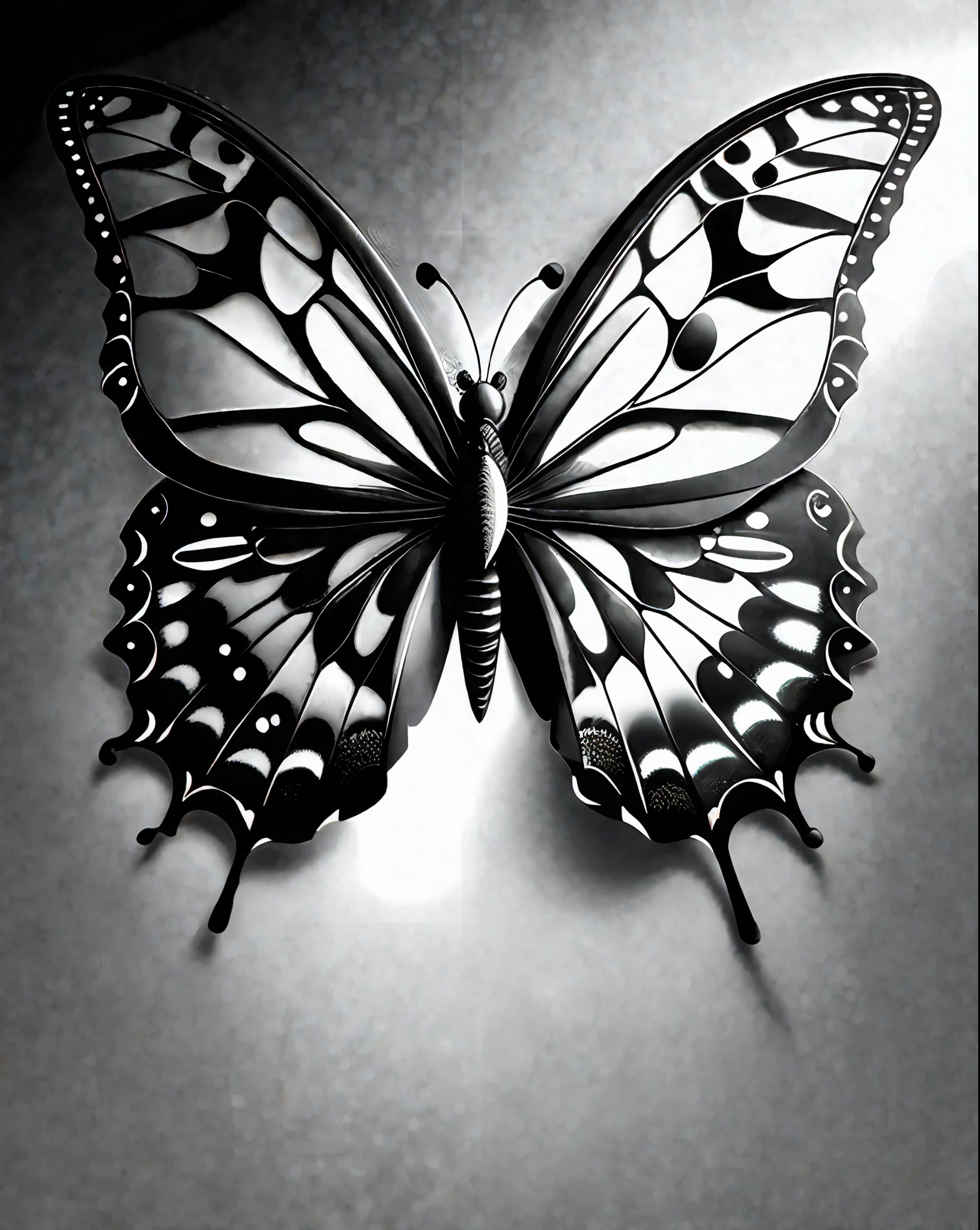 Portreit of a butterfly Black and white beautiful and realistic, rimlight, geometric pattern, 24k hyper realistic colored background