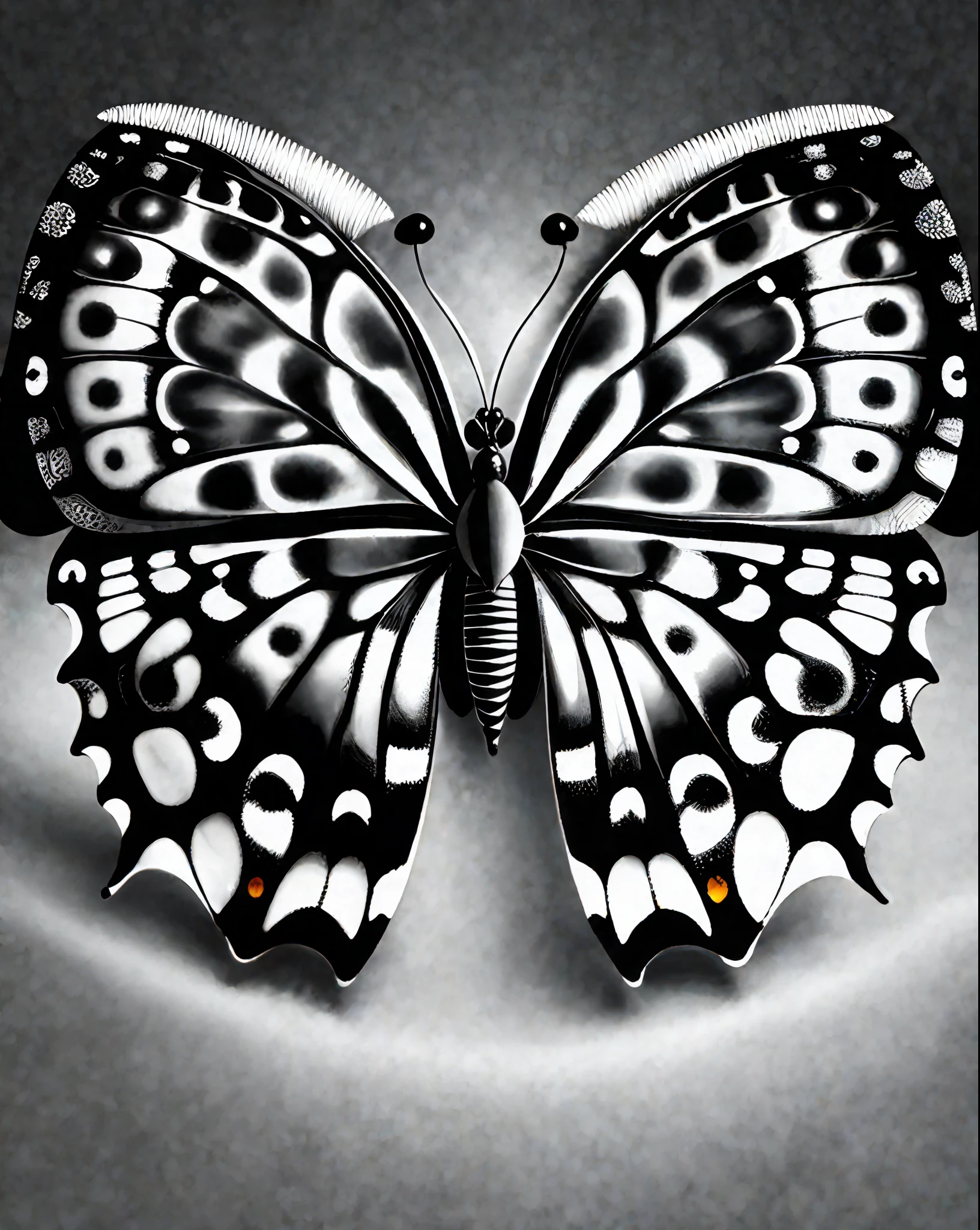 Portreit of a butterfly Black and white beautiful and realistic, rimlight, geometric pattern, 24k hyper realistic colored background