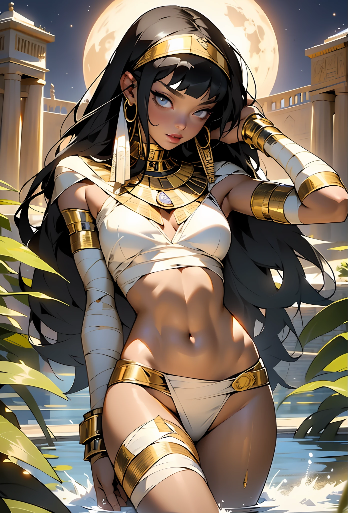 Female ?????, gorgeous face, full body, ?????????, all bandaged, ((bandaged ???????)), ((bandaged arms)), ???? belly, navel, bandaged thighs, tiny ?????, torn and tiny ?????, Egyptian scratch on head, black hair with short bangs on forehead, Bettie Page, ancient Egypt, bathing in the Nile River at night, pyramids in the background