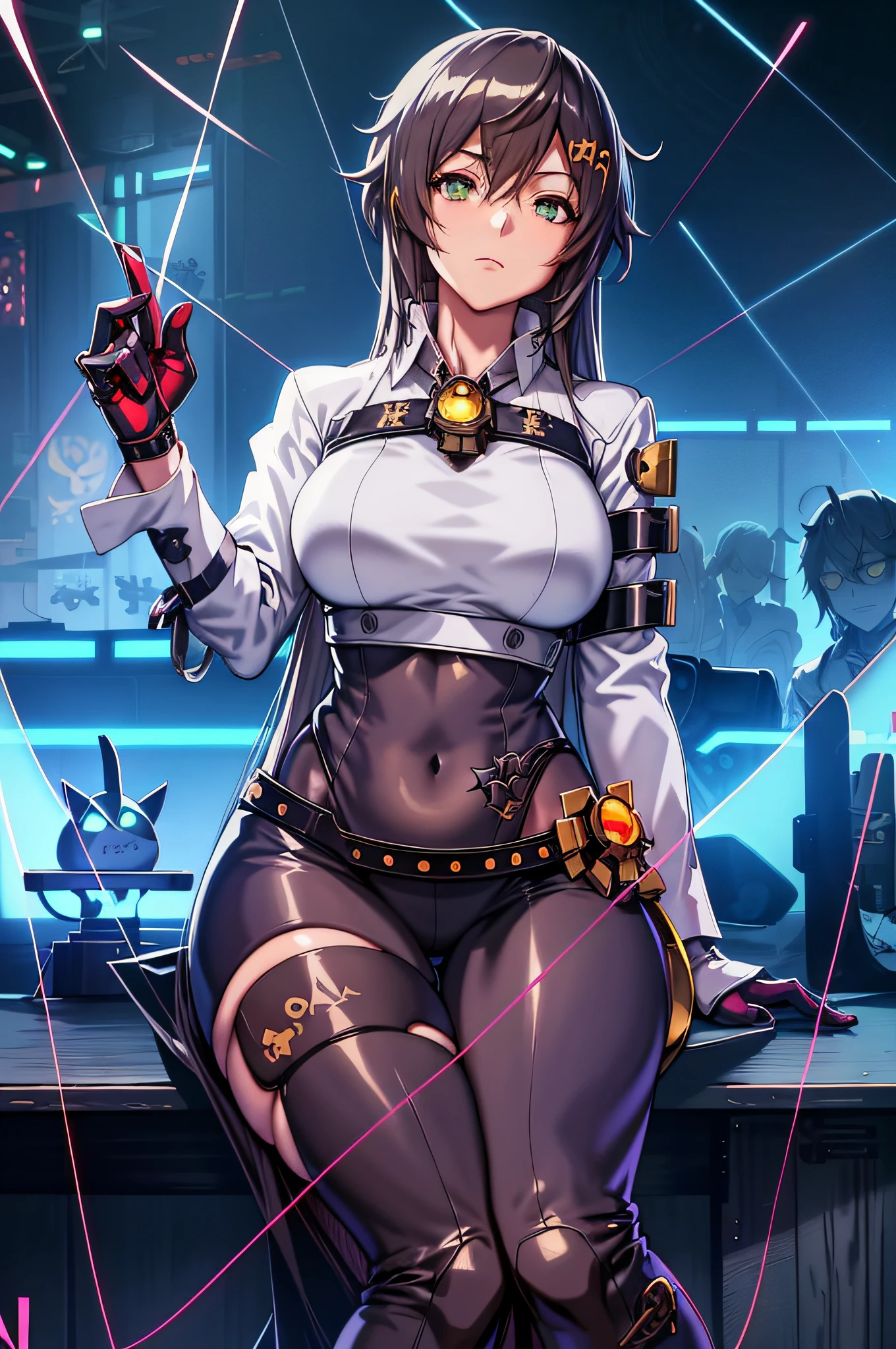 anime girl sitting on a desk with a computer in the background, biomechanical oppai, cyborg merchant girl, oppai cyberpunk, cushart krenz key art feminine, cyberpunk anime girl mech, digital cyberpunk anime art, cyberpunk anime girl, female cyberpunk anime girl, cyborg merchant woman, perfect android girl, cyber suit, 8k high quality detailed art