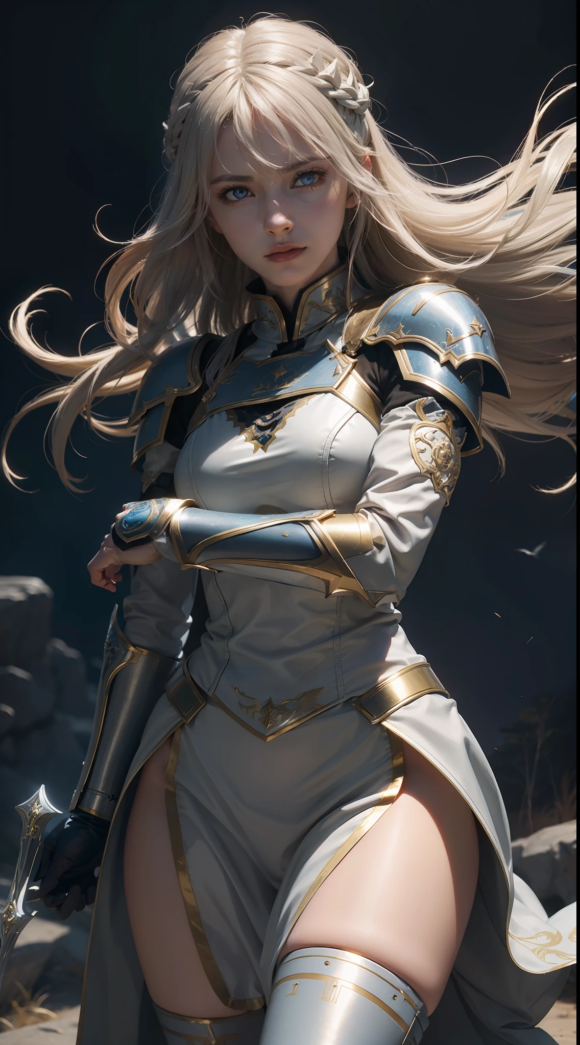 8k, ultra detailed, masterpiece, best quality, (extremely detailed), Saber (Fate Stay Night), Saber cosplay, dynamic angle, mysterious expression, wind effect, fantasy background, rim lighting, cinematic light, ultra high res, 8k uhd, film grain, best shadow, delicate, RAW, light particles, detailed skin texture, detailed armor texture, detailed face, intricate details,  ultra detailed, bright, strong, silver armor, (holding gun), cutting, cutting action, pauldrons, bright eyes, long cable, fantasy, (realistic), complex, intricate, perfect lighting, looking at the viewer, cinematic lighting, flying in the sky, flying, sacred light, vivid, bang, windy, ((2 woman in battle))