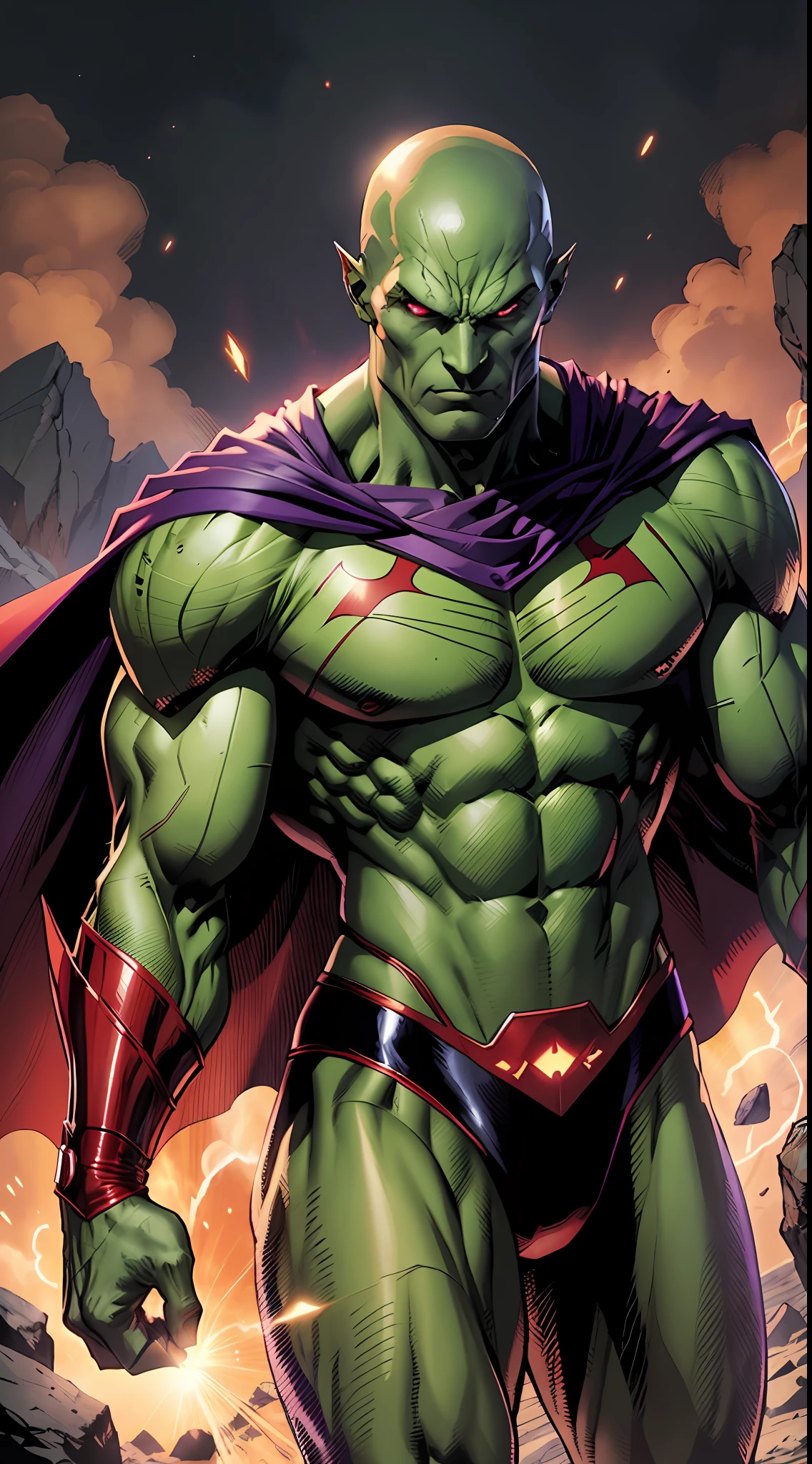 1man, solo, Martian Manhunter (DC comics), J'onn j'ozz, tall, muscular, hunk, abs, dark green skin, chiseled face, alien face, high cheekbones, alien pointy ears, tribal marks all over the body, long claws on forearms, long head, long face, squared chin, bald head, egg-shaped head, long purple cape, flowing cape, red eyes, no pupils, shirtless, standing powerfully, flat style, ultra detailed, low camera angle, upper body shot, black and red armored skirt, black pant, high resolution:1.2, circle red and black emblem on the chest, battlefield in the background, award winning