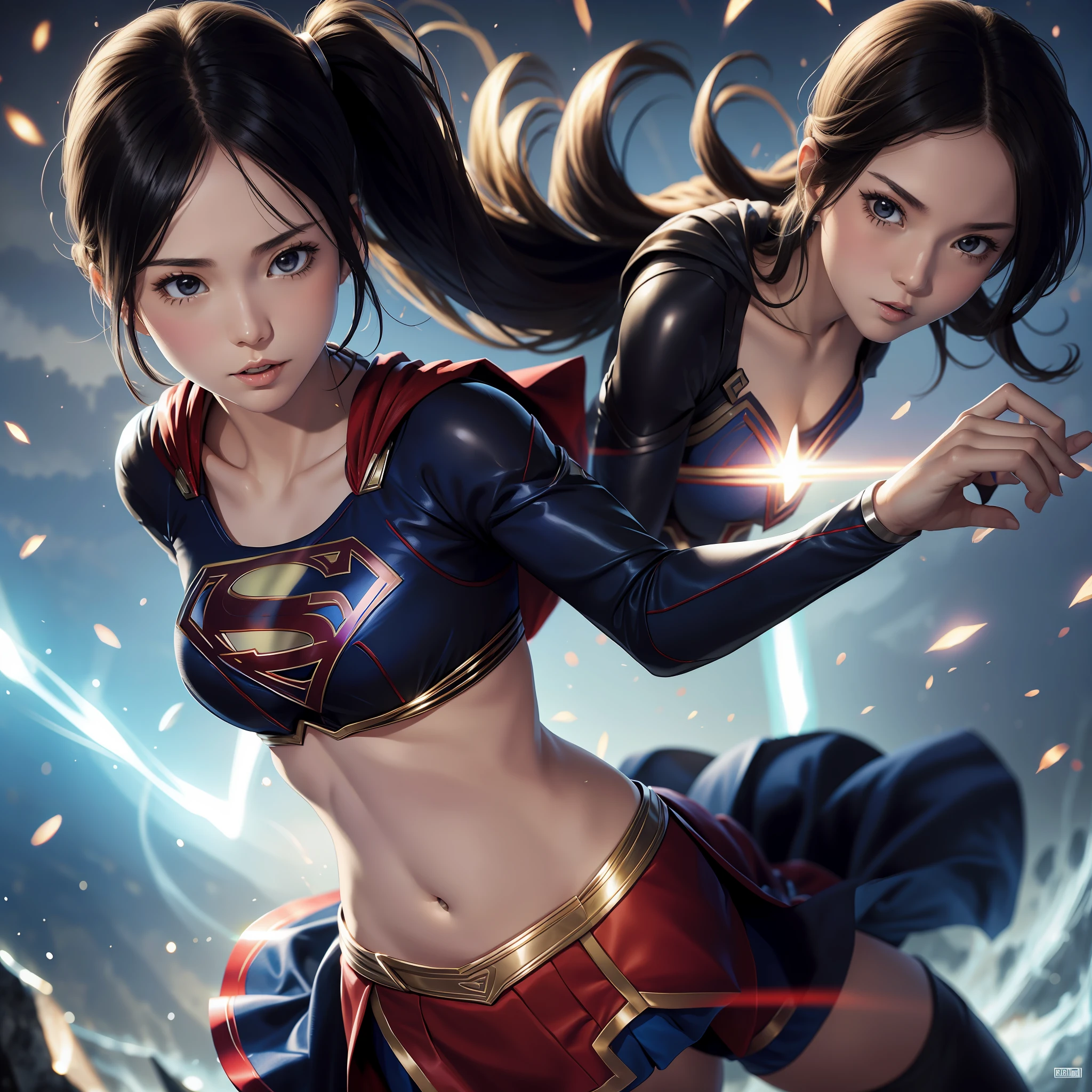 Supergirl, Mini skirt, sexy, black hair long straight, sexy, Japan person, supergirl suit with visible breasts, belly button out
