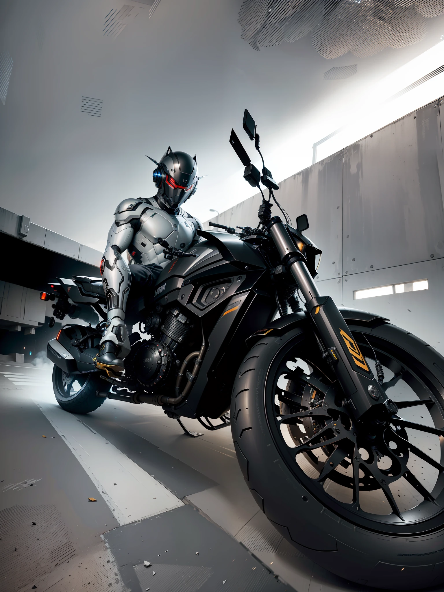 Cyber Male Warrior and Cyber Tech Mechanical Motorcycle, mighty Male Warrior, Nousr, Biomechanics, MSHN Robot Man, Cyber Tech Helmet, Surreal, Steel, Intricate Design, Crazy Details, Fine Details, Extremely Clear Lines, Cinematic Lighting, Photo Realistic, Detailed Masterpiece